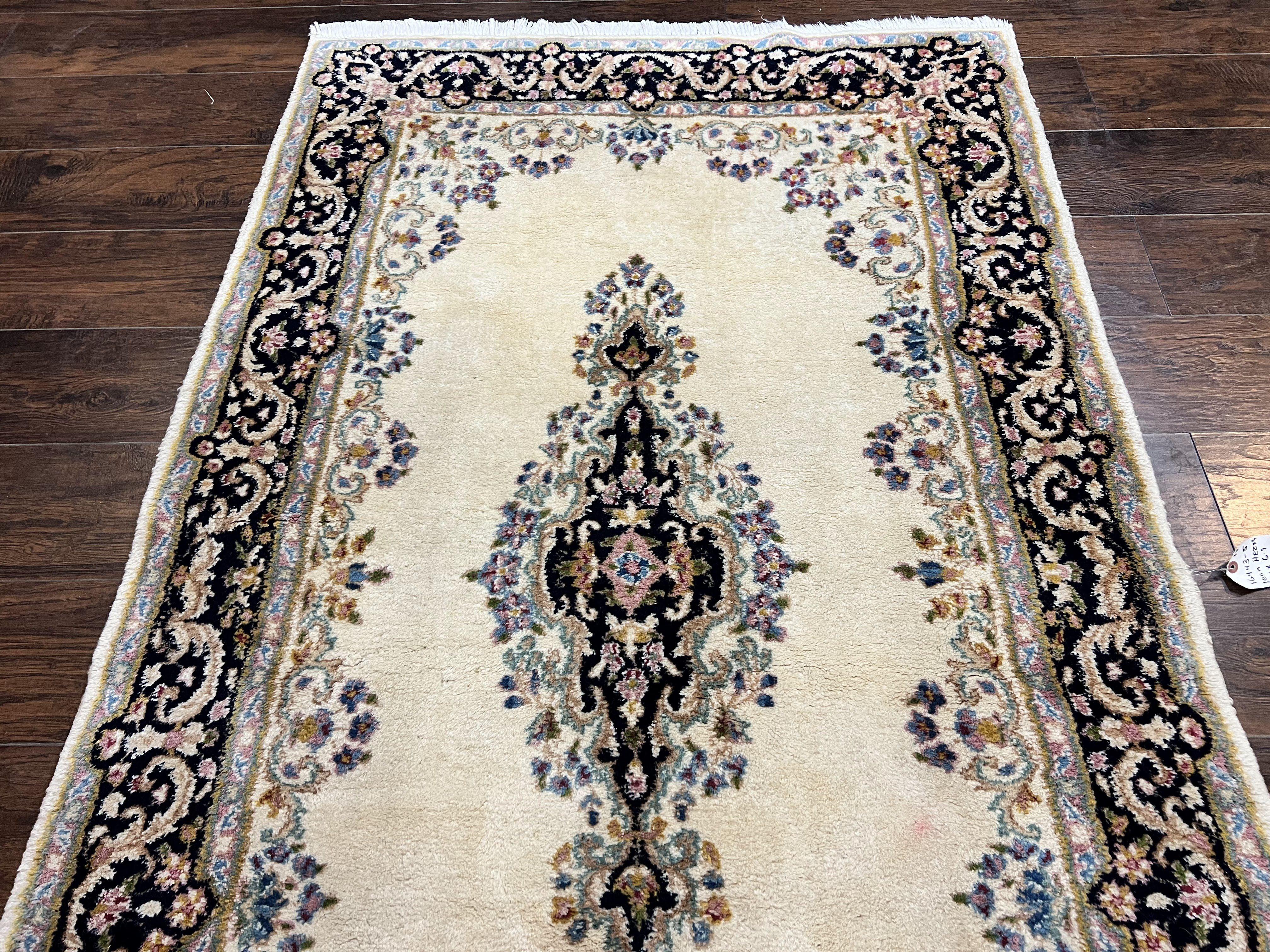 Persian Kirman Rug 4x7, Wool Hand Knotted Antique Carpet, Beige, Semi Open Field Medallion Rug, Traditional Handmade Oriental Rug - Jewel Rugs