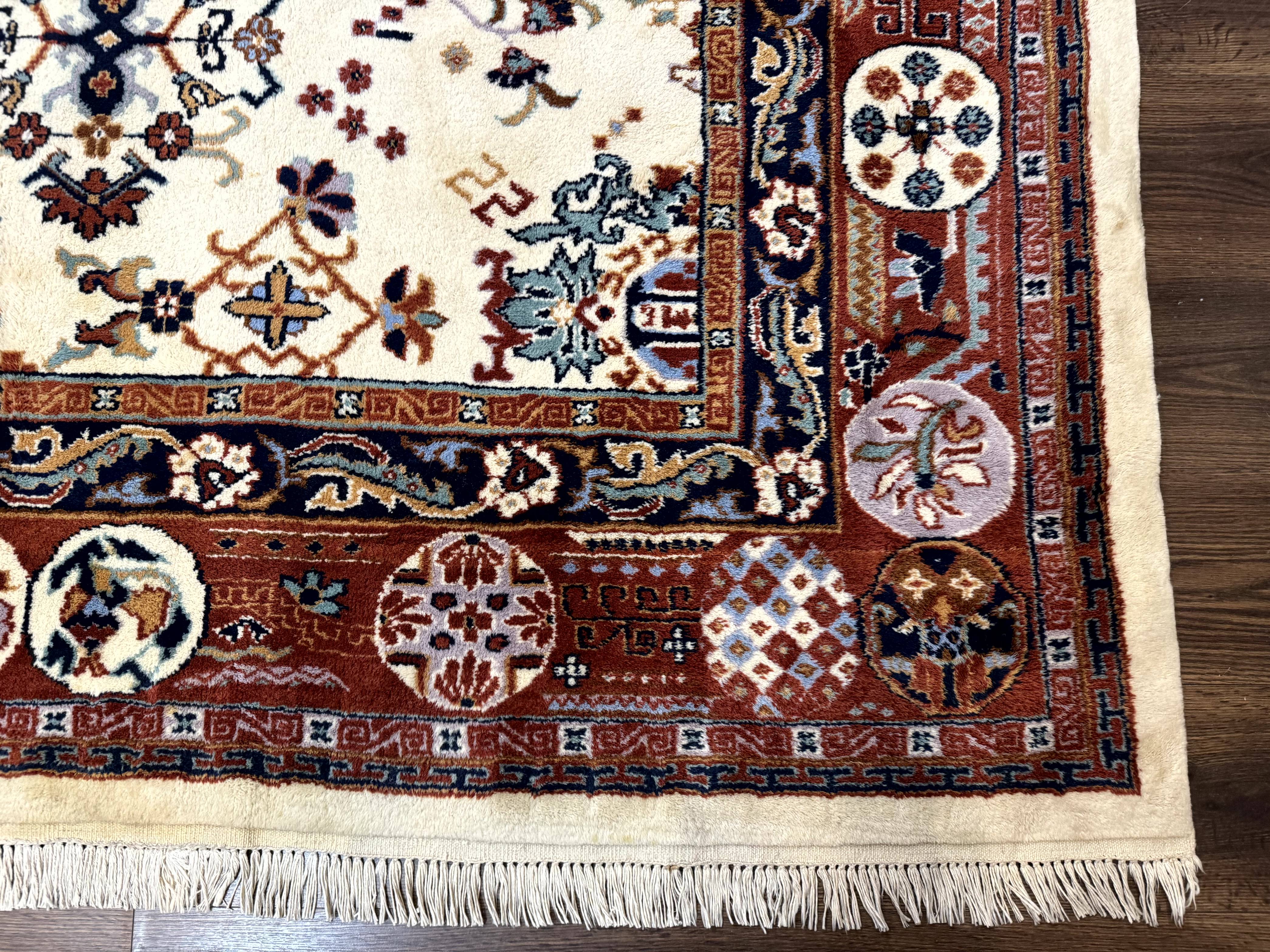 Indo Chinese Wool Rug 9x12, Ivory and Rust Red, Dragon Motifs - Jewel Rugs