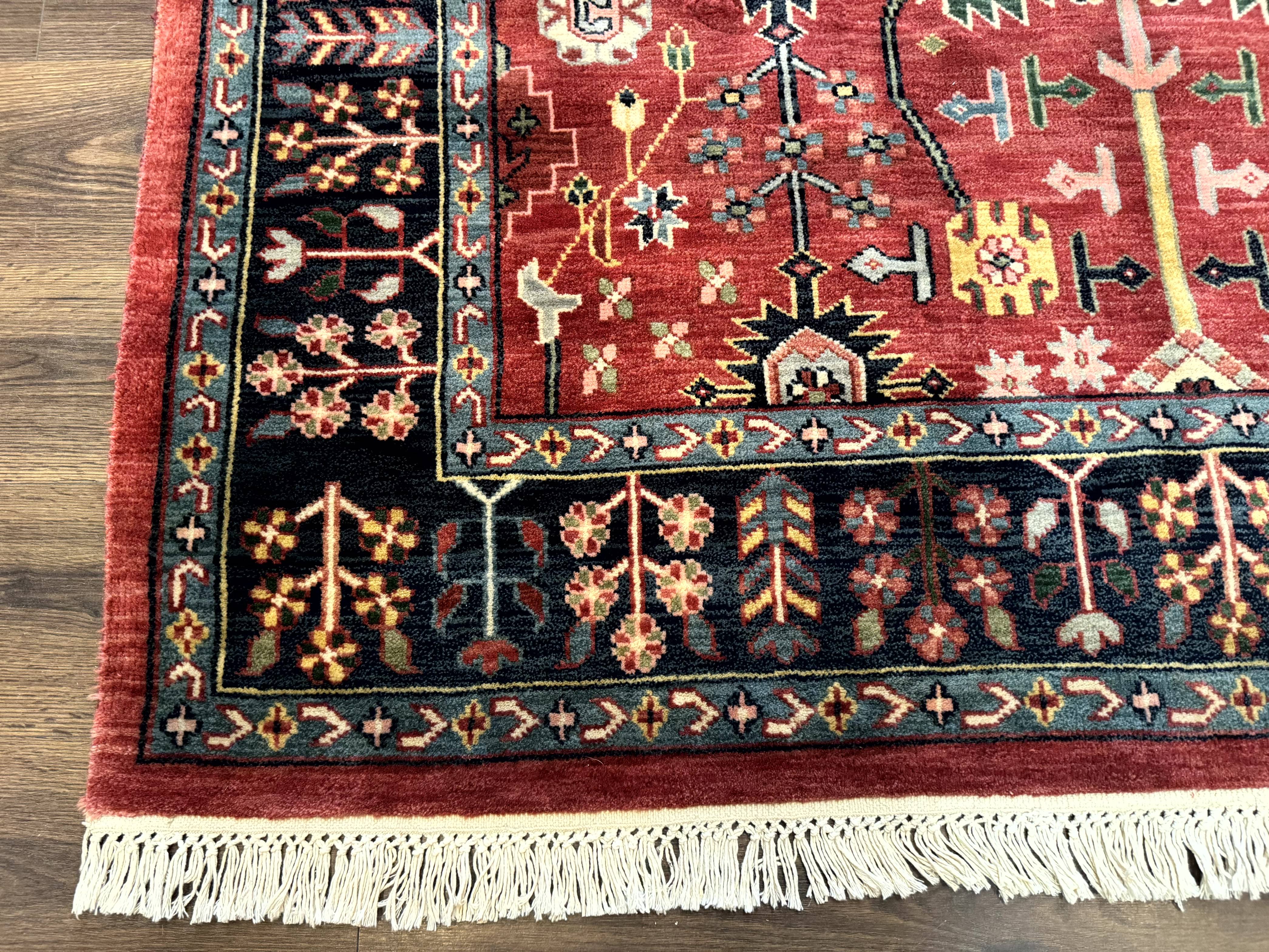 Indo Persian Heriz Serapi Rug 6x8, Rust Red and Navy Blue, Allover Pattern - Jewel Rugs