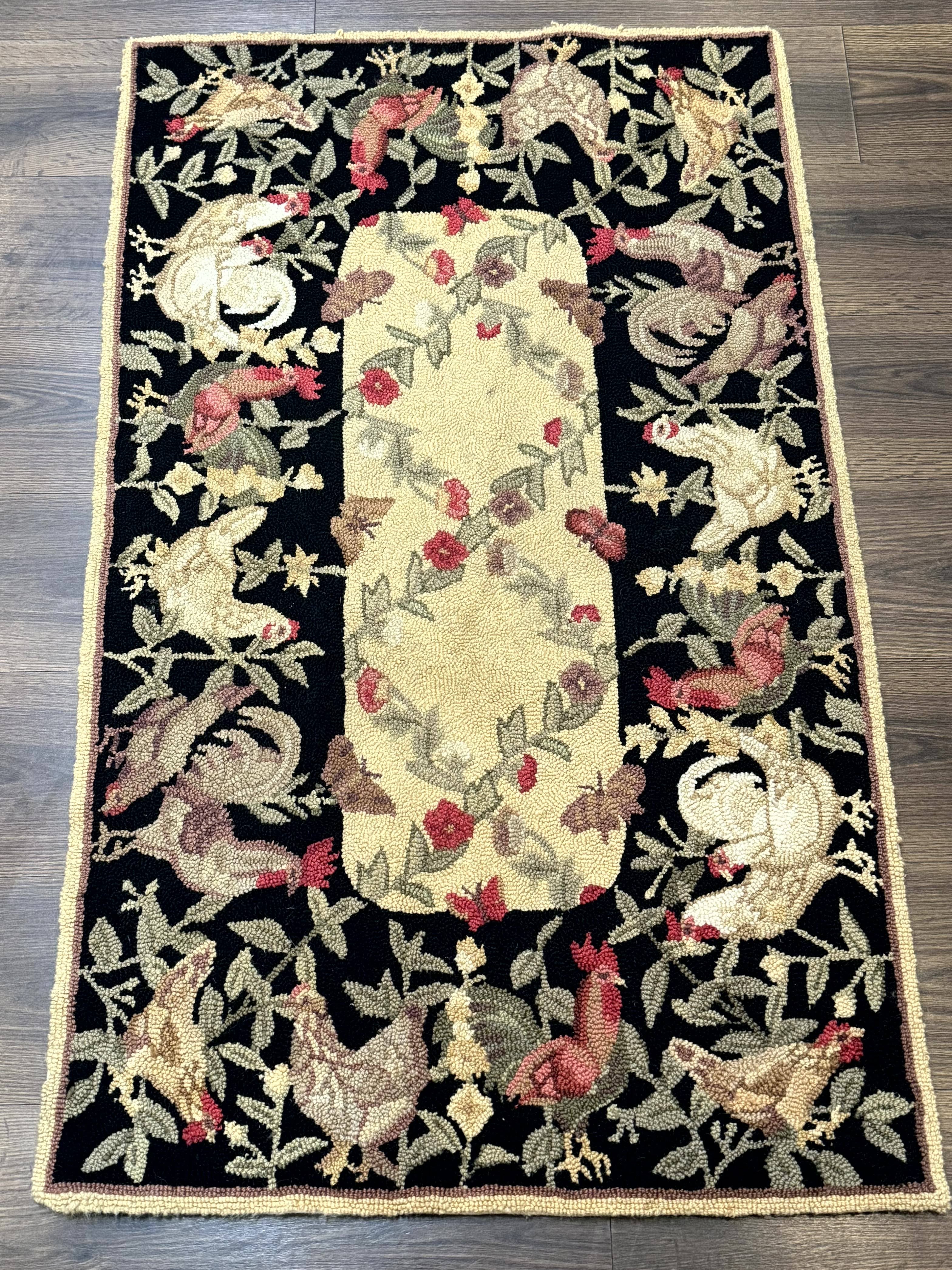 Small Vintage Hooked Rug, Roosters, Handmade, Wool - Jewel Rugs