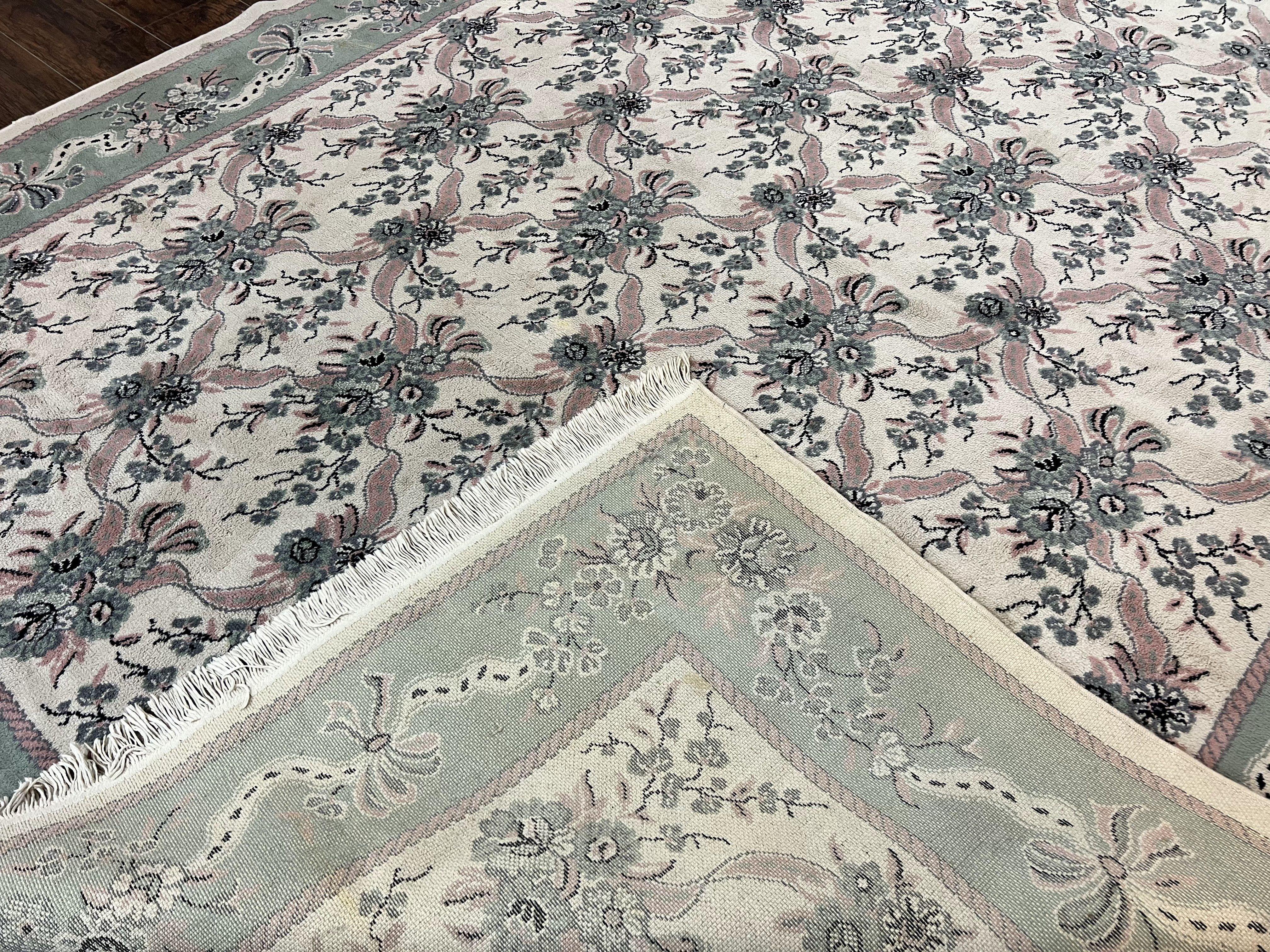 Belgium Power Loomed Rug 8x11, Ivory and Green, Wool Carpet, Floral - Jewel Rugs