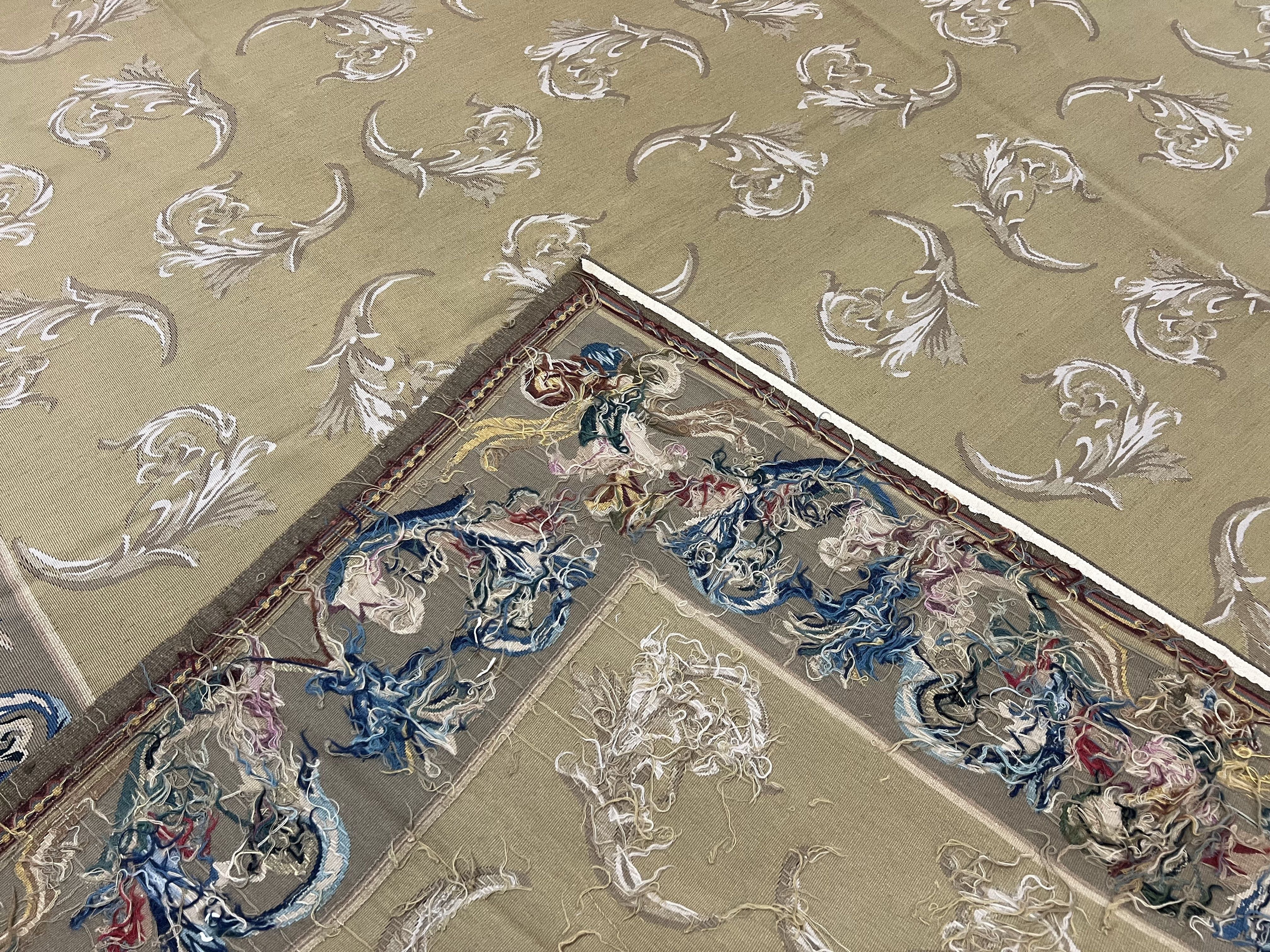 Vintage Aubusson Flatweave Area Rug 9x12, Aubusson Weave, Wool, Beige, Handmade, French European Design, 8'9" x 11'9" - Jewel Rugs