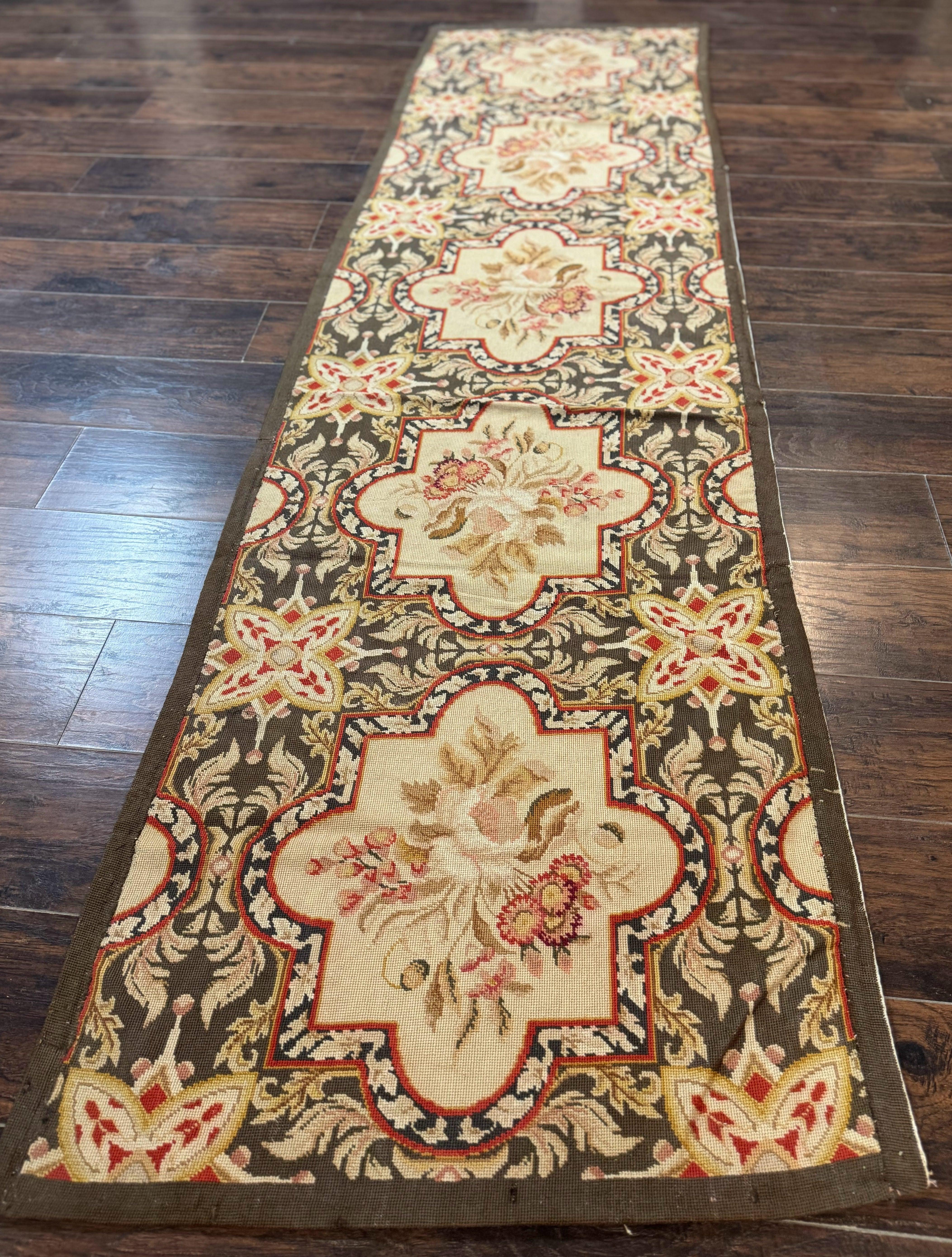 Needlepoint Runner Rug 2.7 x 9.7, European French Design, Wool, Handmade, Vintage - Jewel Rugs