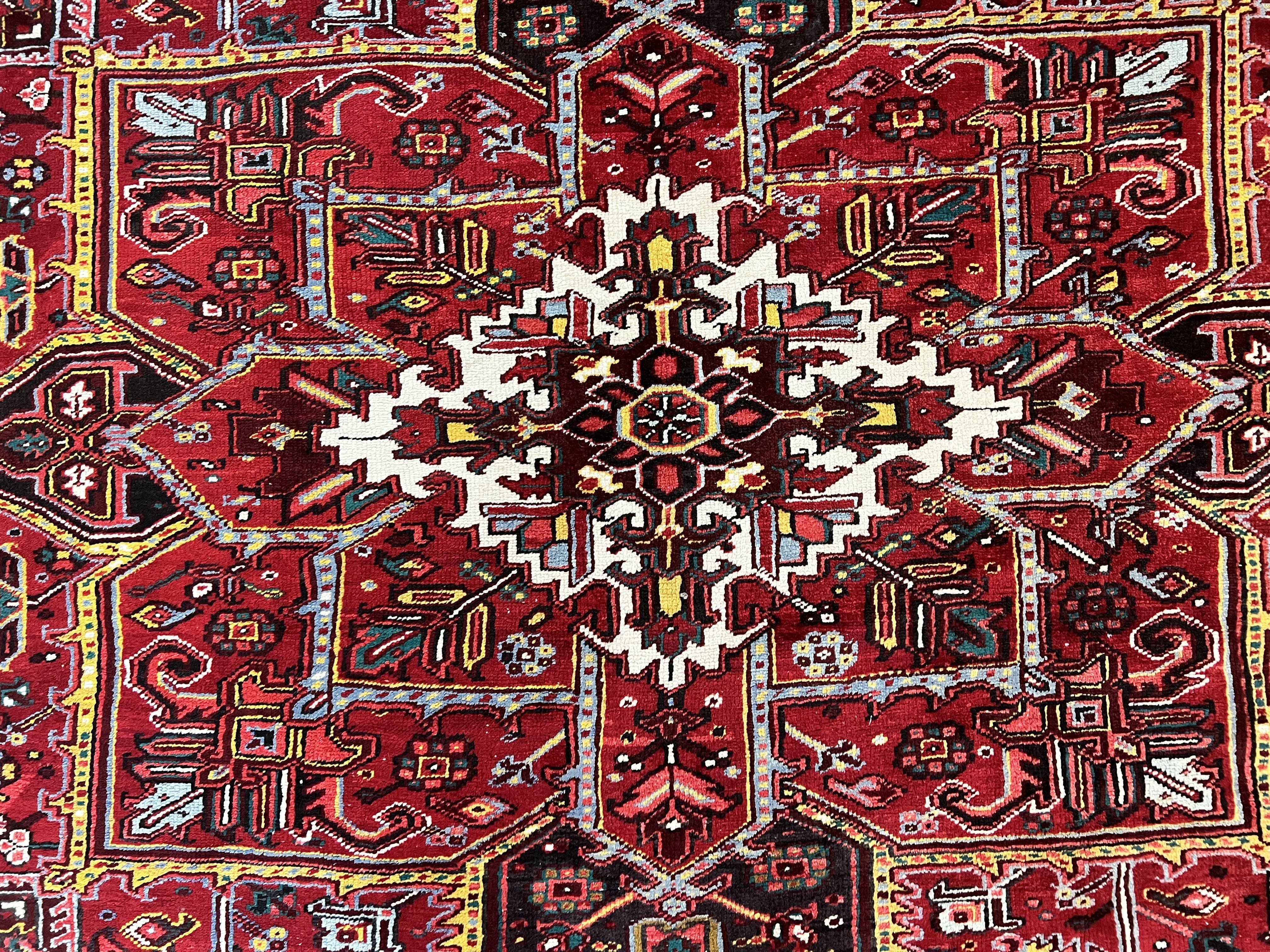 Persian Heriz Rug 10x13, Wool Hand Knotted Vintage Carpet, Geometric Medallion Tribal Oriental Rug, Red & Ivory, 10 x 13 Large Sized Rug - Jewel Rugs