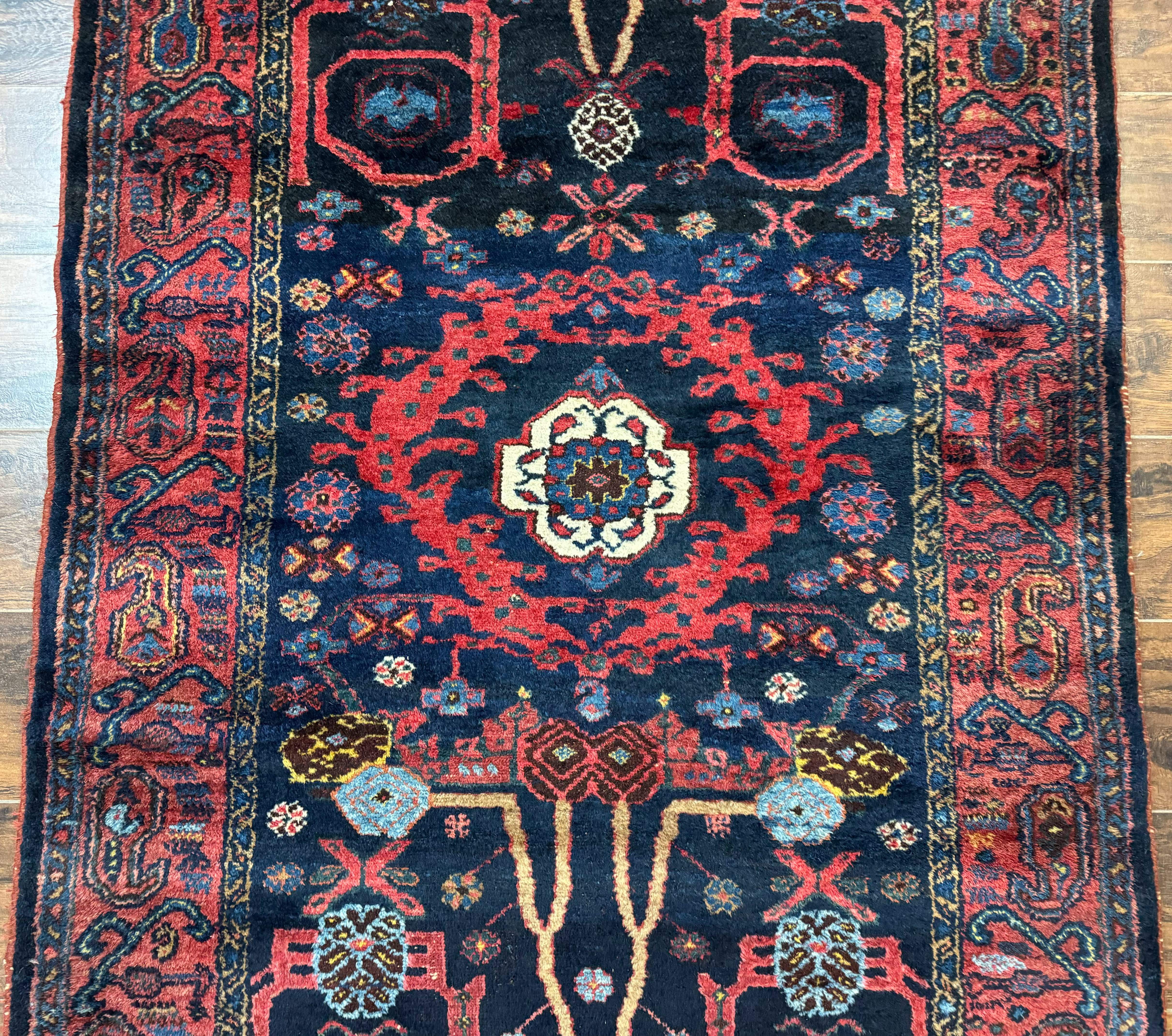 Rare Persian Malayer Runner Rug 4x16 – Navy and Red, Hand-Knotted Wool Antique Carpet, Paisley Border - Jewel Rugs