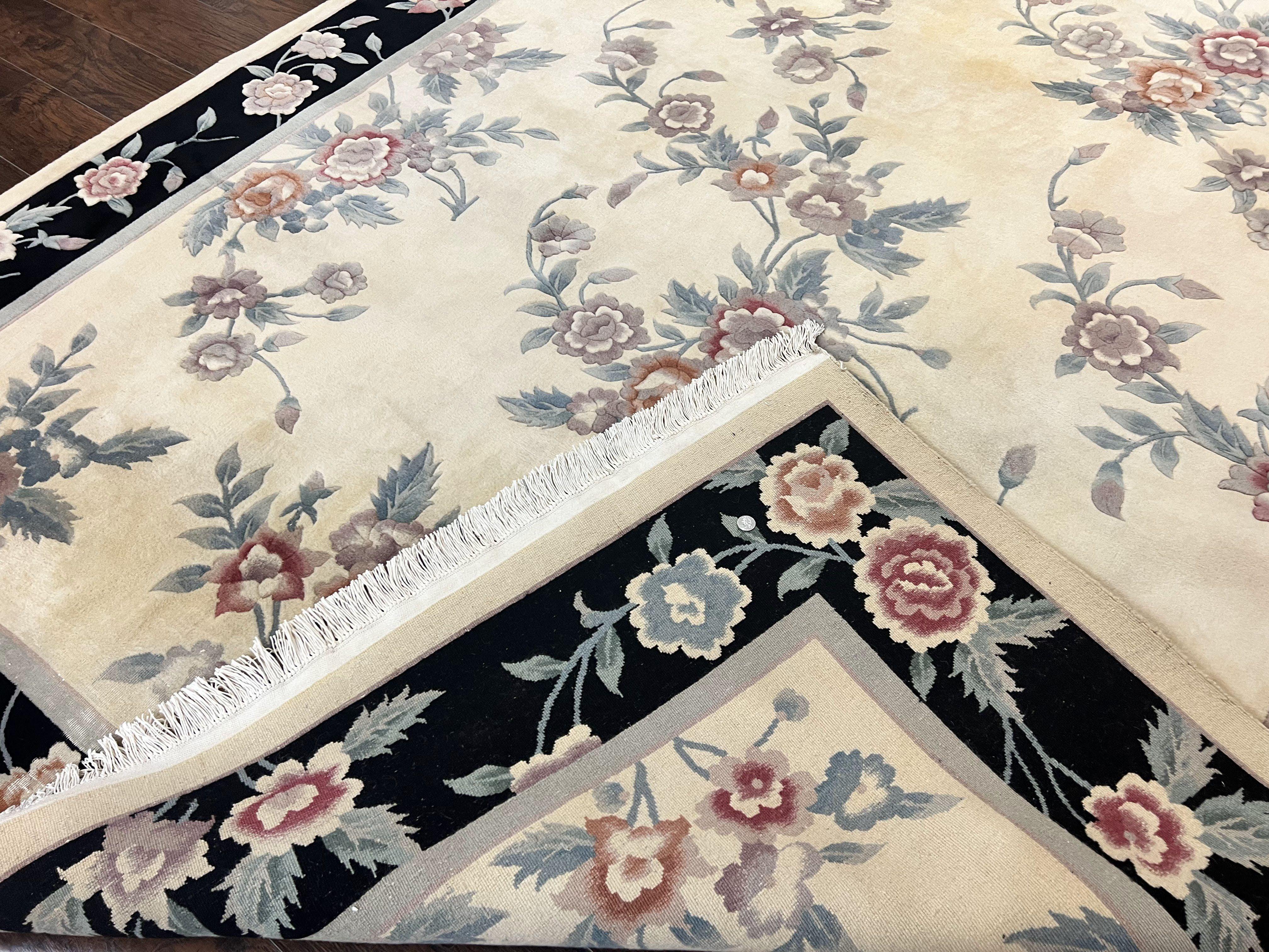 Chinese Wool Rug 8x10, Floral Design, Cream & Black, Art Deco 90 Line Rug 8 x 10, Soft, Handmade Vintage Oriental Carpet - Jewel Rugs