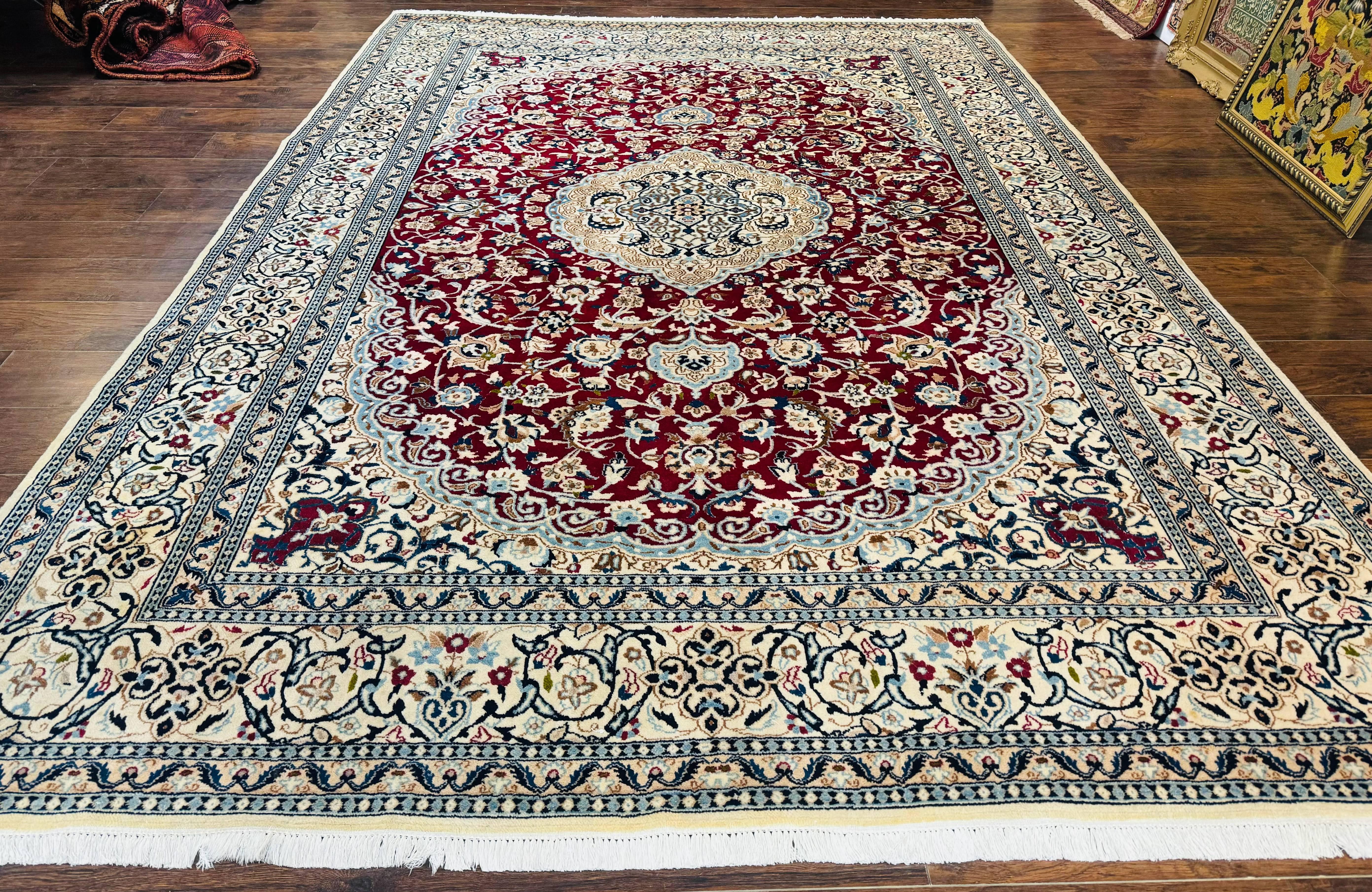 Persian Nain Rug 8x11, Wool and Silk Highlights, Burgundy & Ivory - Jewel Rugs