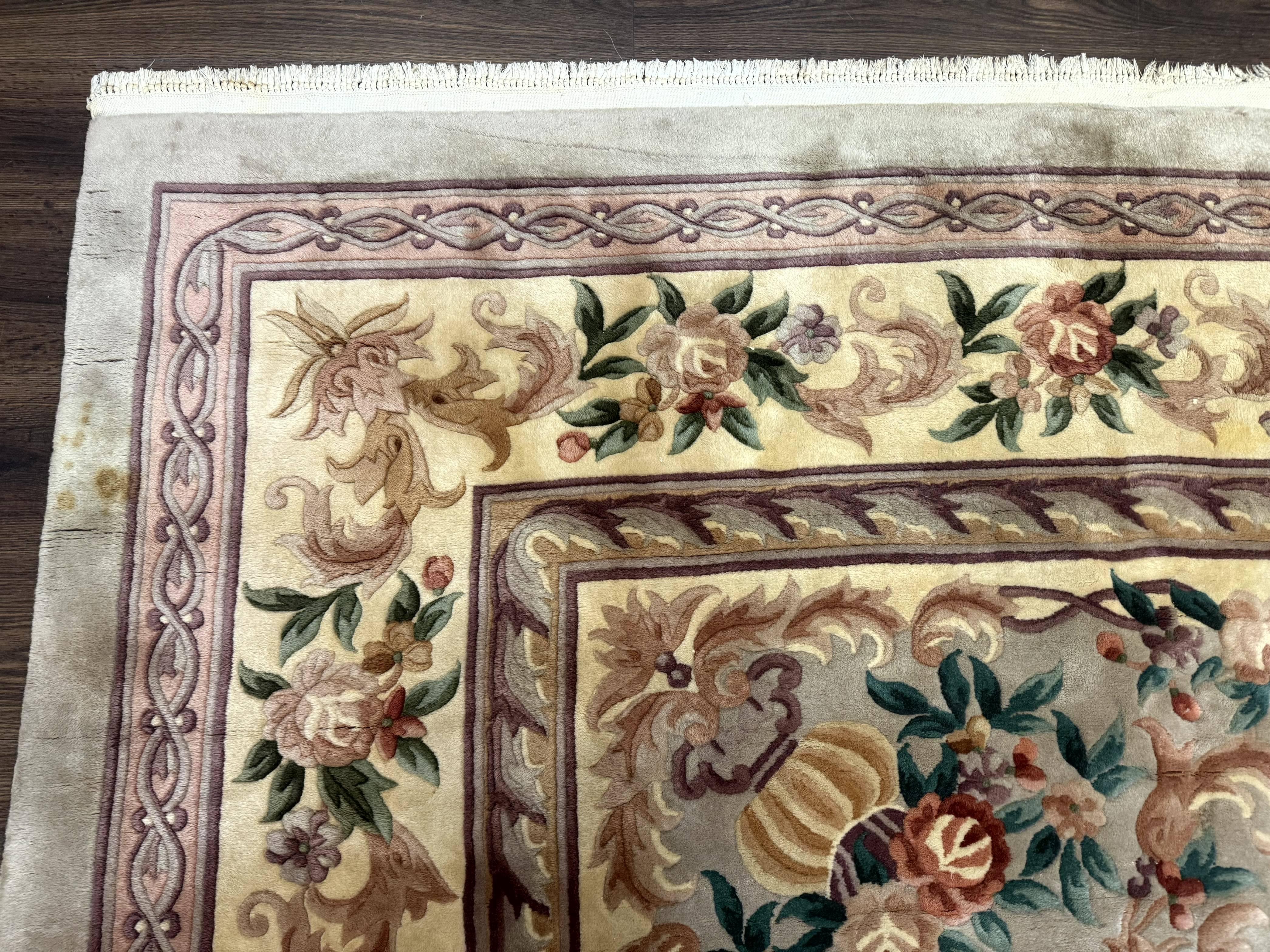 Chinese Aubusson Rug 10x14, Soft Thick Wool Pile, Gray and Beige, Floral, Vintage 1960s Chinese Wool Rug - Jewel Rugs