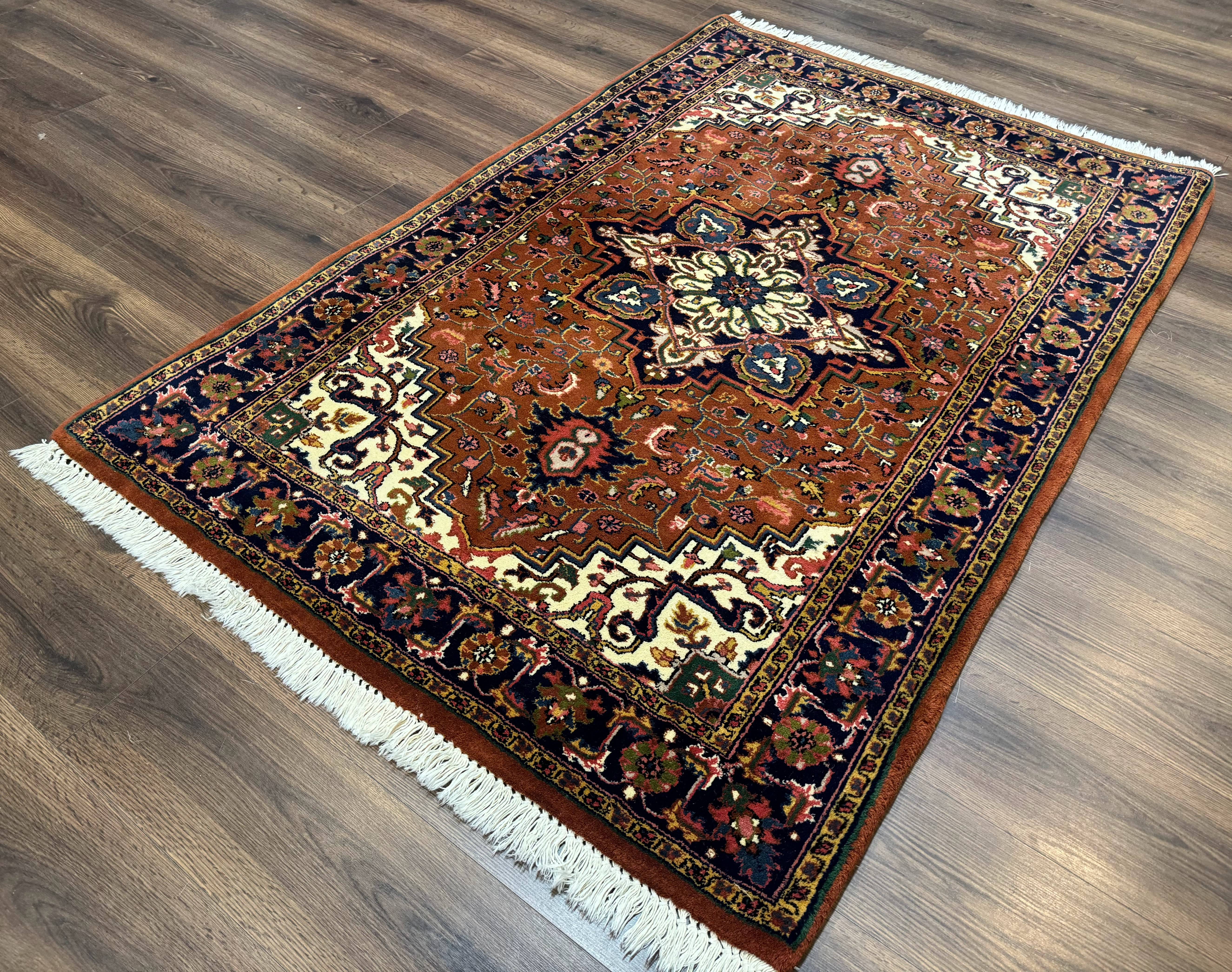 Indo Persian Heriz Rug 4x6, Rust Red Navy Blue and Cream - Jewel Rugs