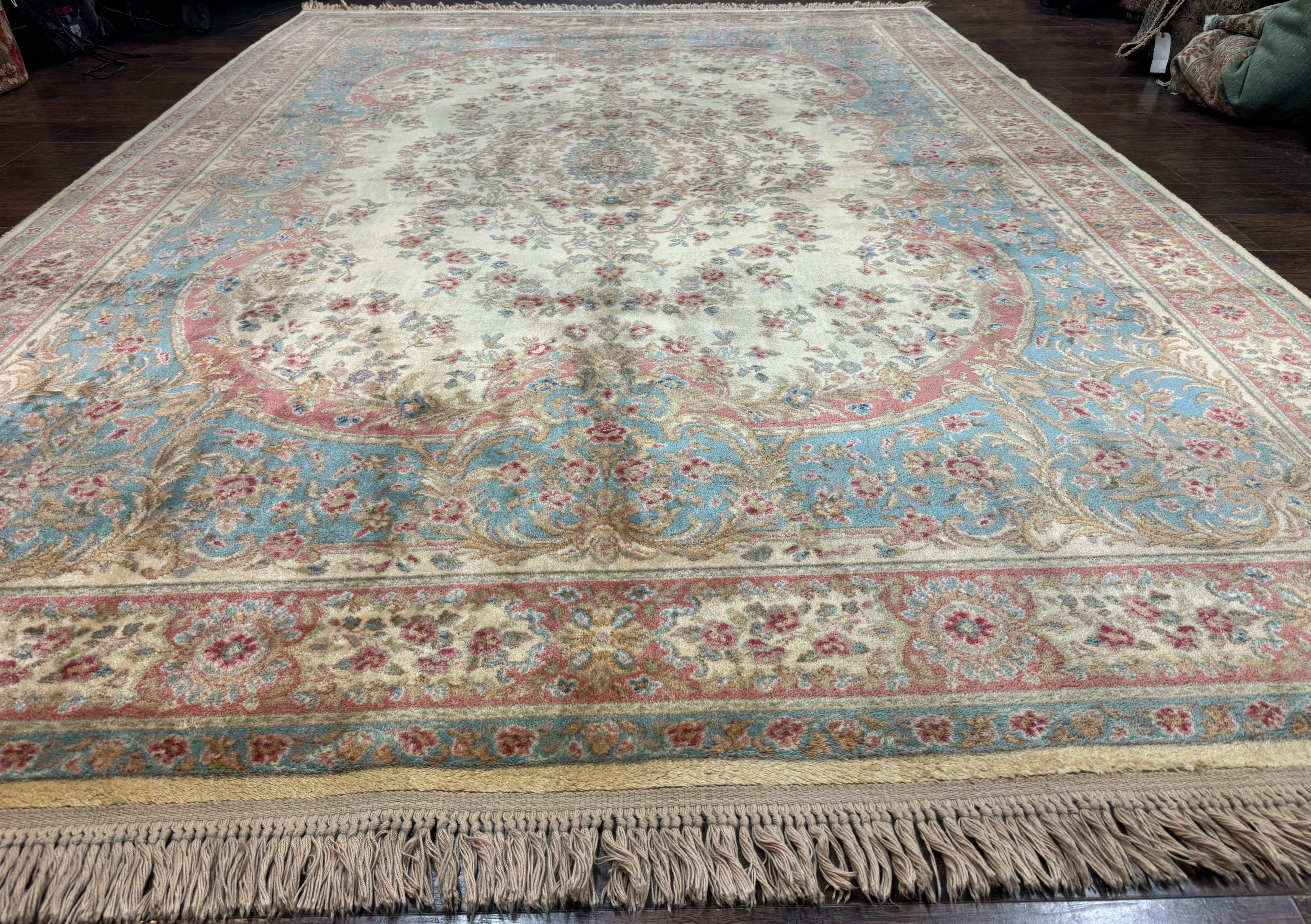 Karastan Rug 8.8 x 12, Ivory Medallion Kirman #700/711, Wool Pile, Vintage - Jewel Rugs