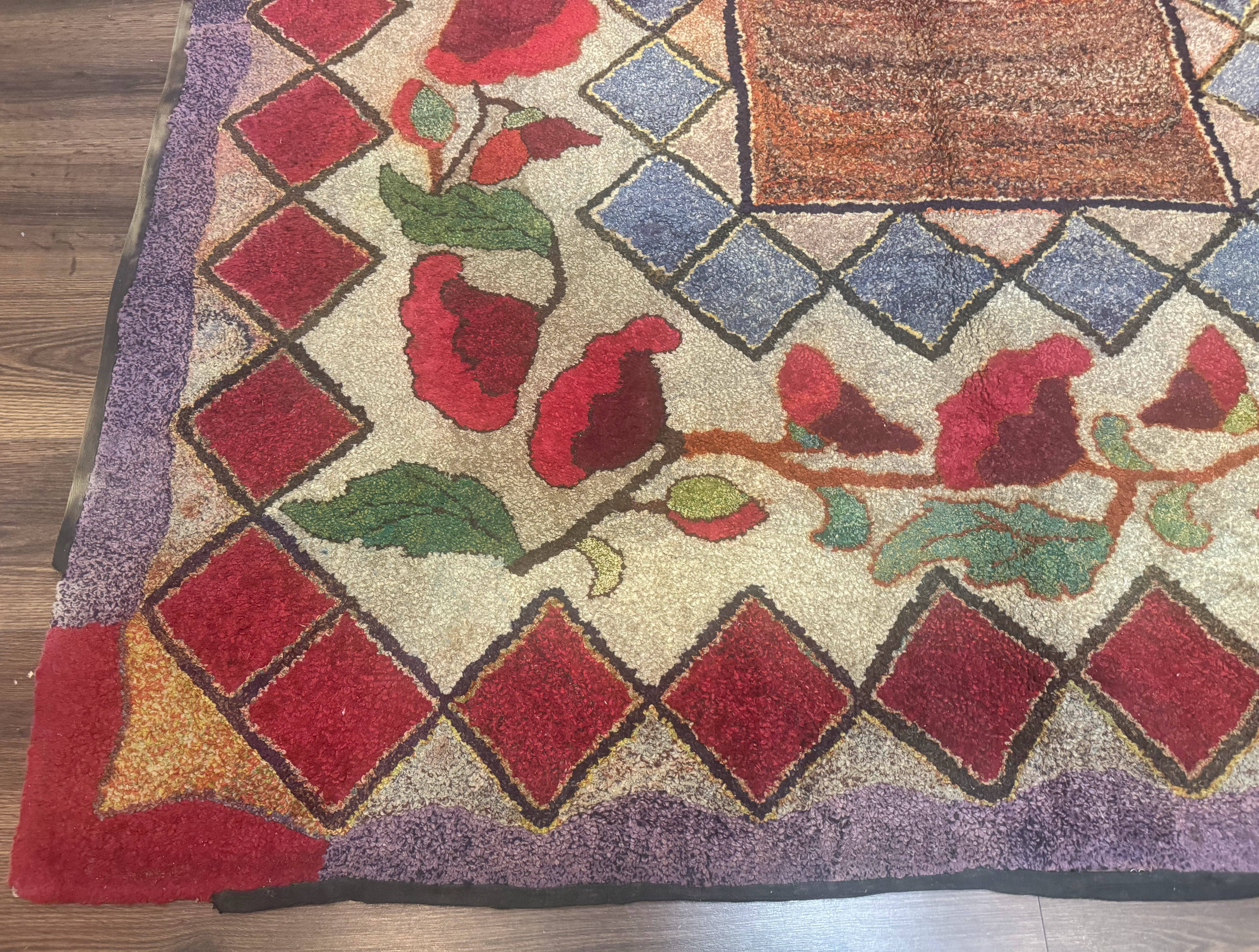 Vintage American Hooked Rug 6x7, Unique Colors, Red Lavender Cream, Abstract - Jewel Rugs