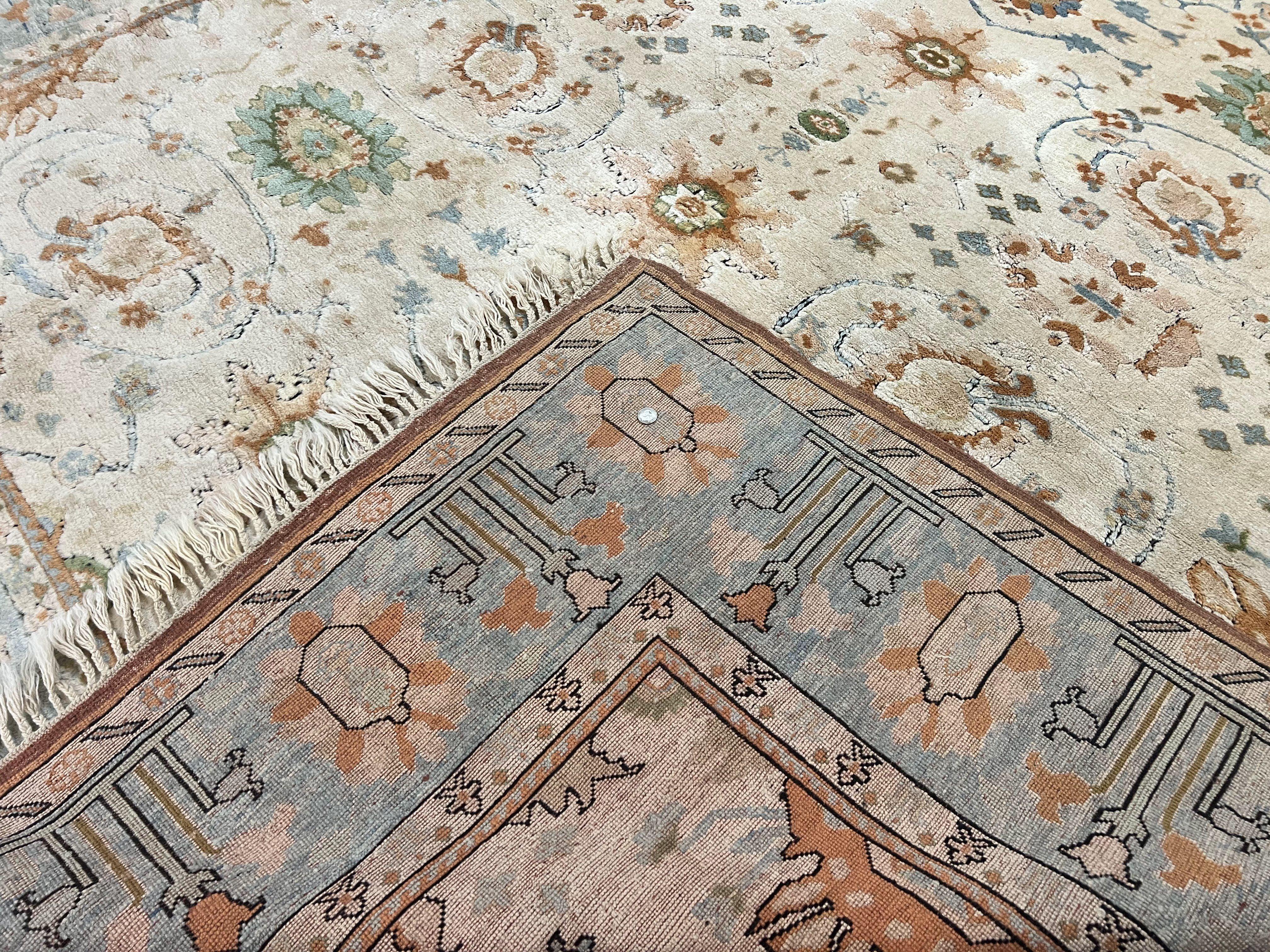 Turkish Oushak Rug 9x10, Neutral Colors, Wool Hand Knotted Vintage Handmade Oriental Carpet, Floral Allover, Farmhouse Rug, Beige Light Blue - Jewel Rugs