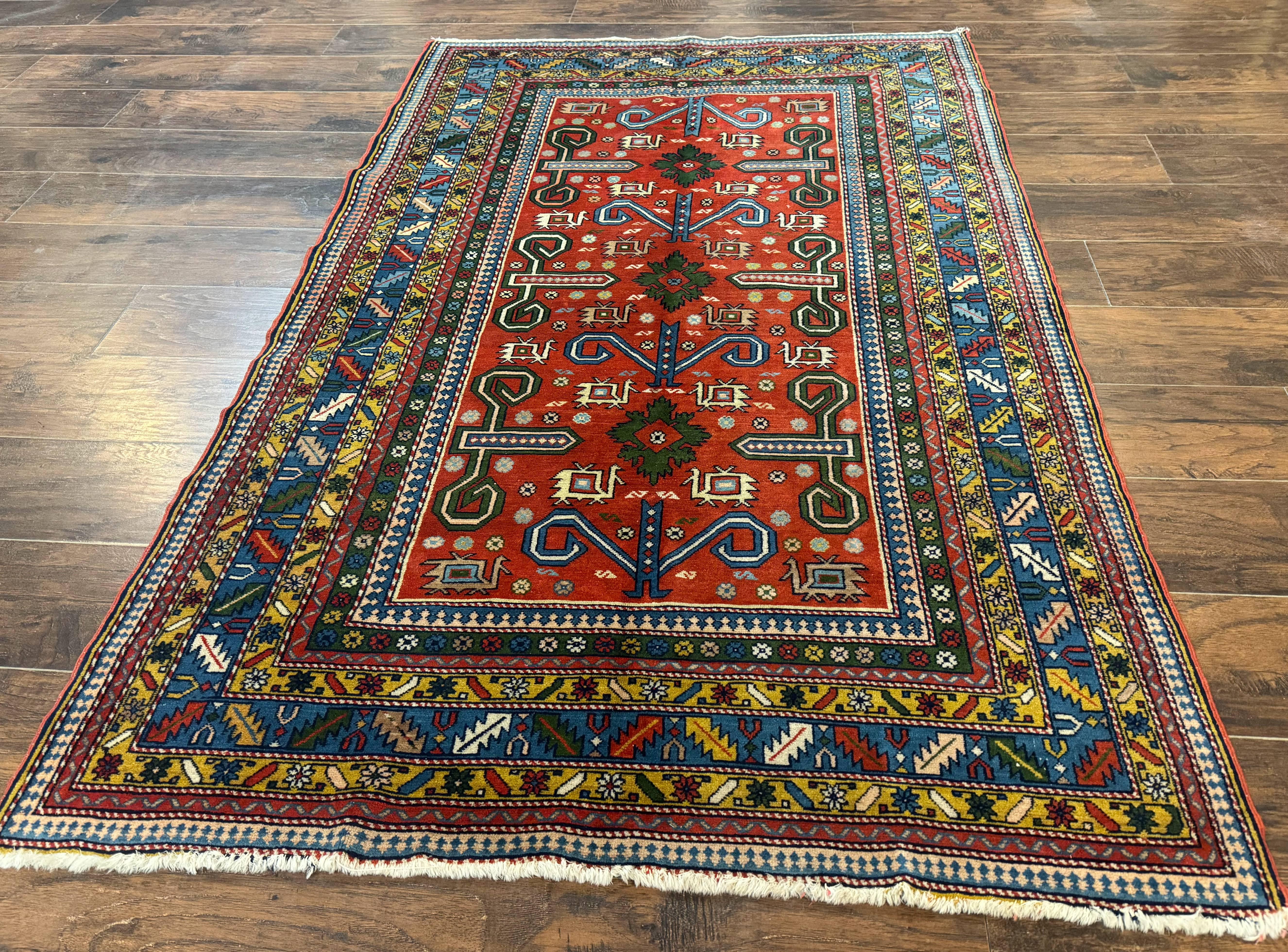 Colorful Persian Ardabil Rug 4x7, Red Blue Gold, Geometric Caucasian Design, Vintage - Jewel Rugs