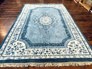 Indo Chinese Aubusson Rug 6x9, Light Blue and Ivory, Handmade Vintage Wool Carpet