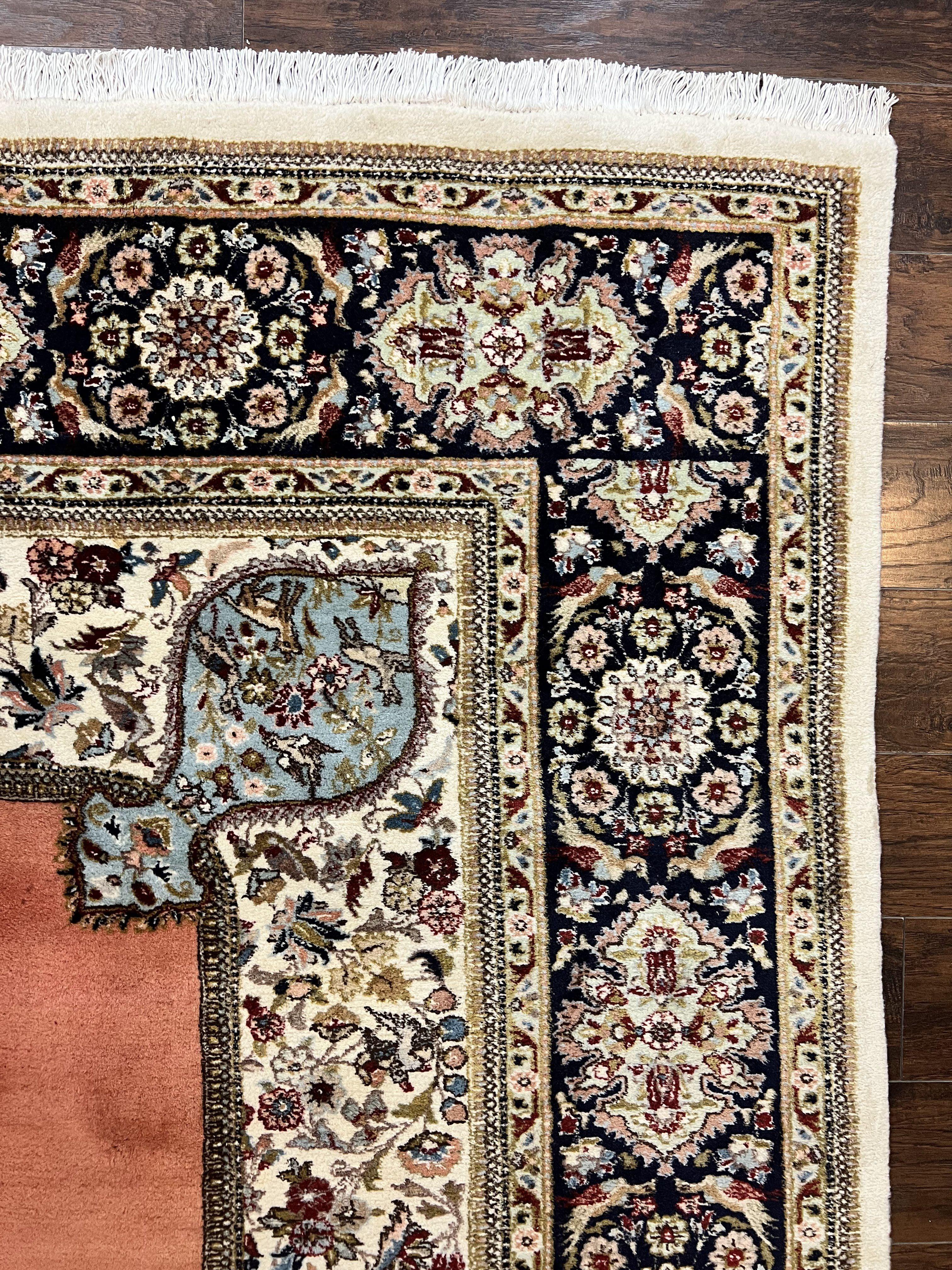 Persian Tabriz Rug 10x13, Wool Hand Knotted Vintage Carpet, Salmon Red & Ivory, Semi Open Field, Birds & Animal Motifs, Large Rug - Jewel Rugs