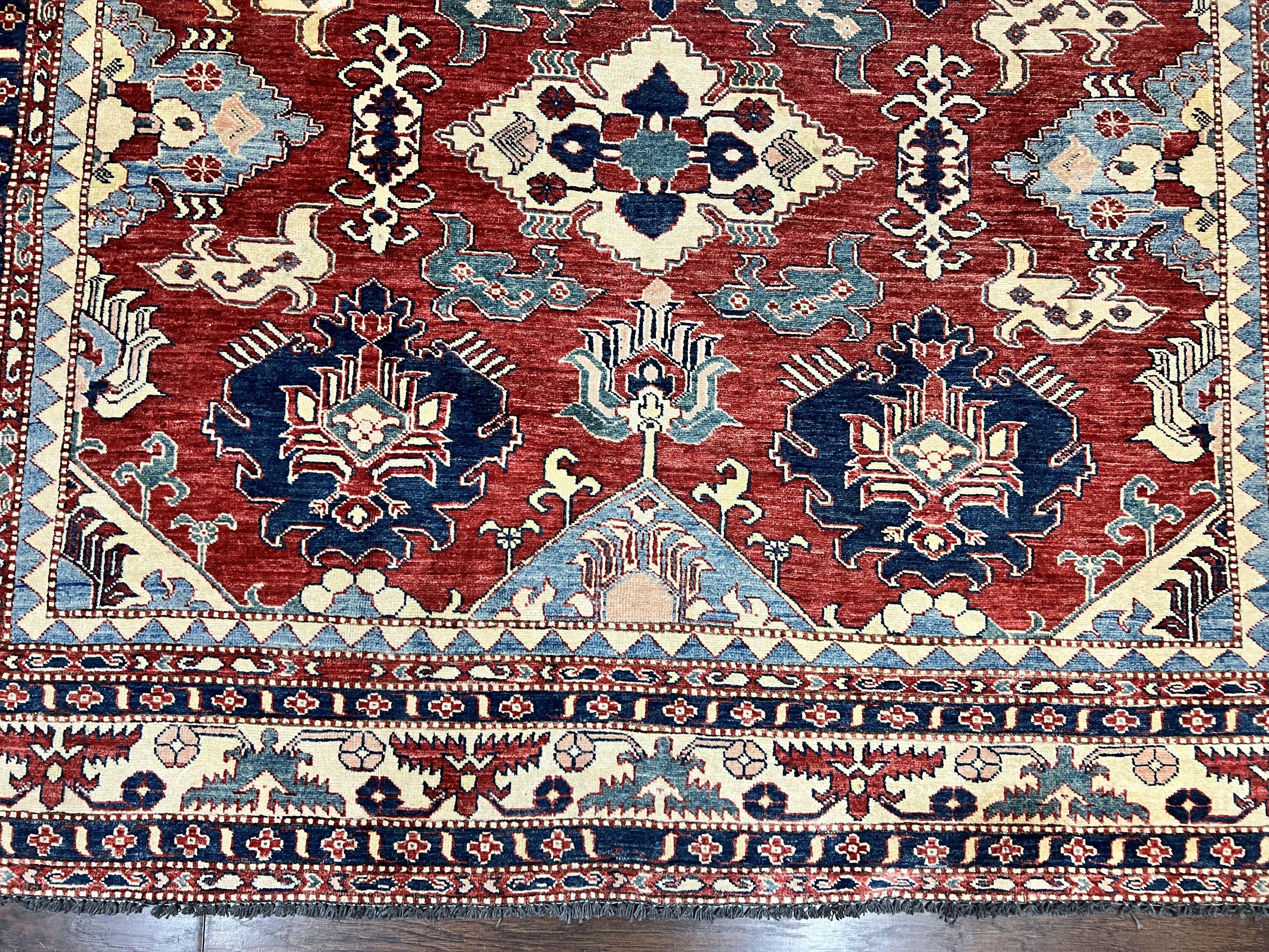 Turkish Heriz Rug 7x10, Wool Hand Knotted Handmade Room Sized Oriental Carpet, Red & Ivory, Vintage Geometric Oriental Rug 7 x 10 ft - Jewel Rugs