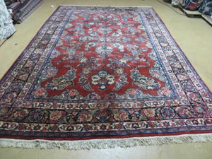 Antique Persian Qazvin Rug 6x9, Wool Hand-Knotted Oriental Carpet 6 x 9, Allover Floral Sarouk Design, 1940s Vintage Carpet, Red Navy Blue Cream