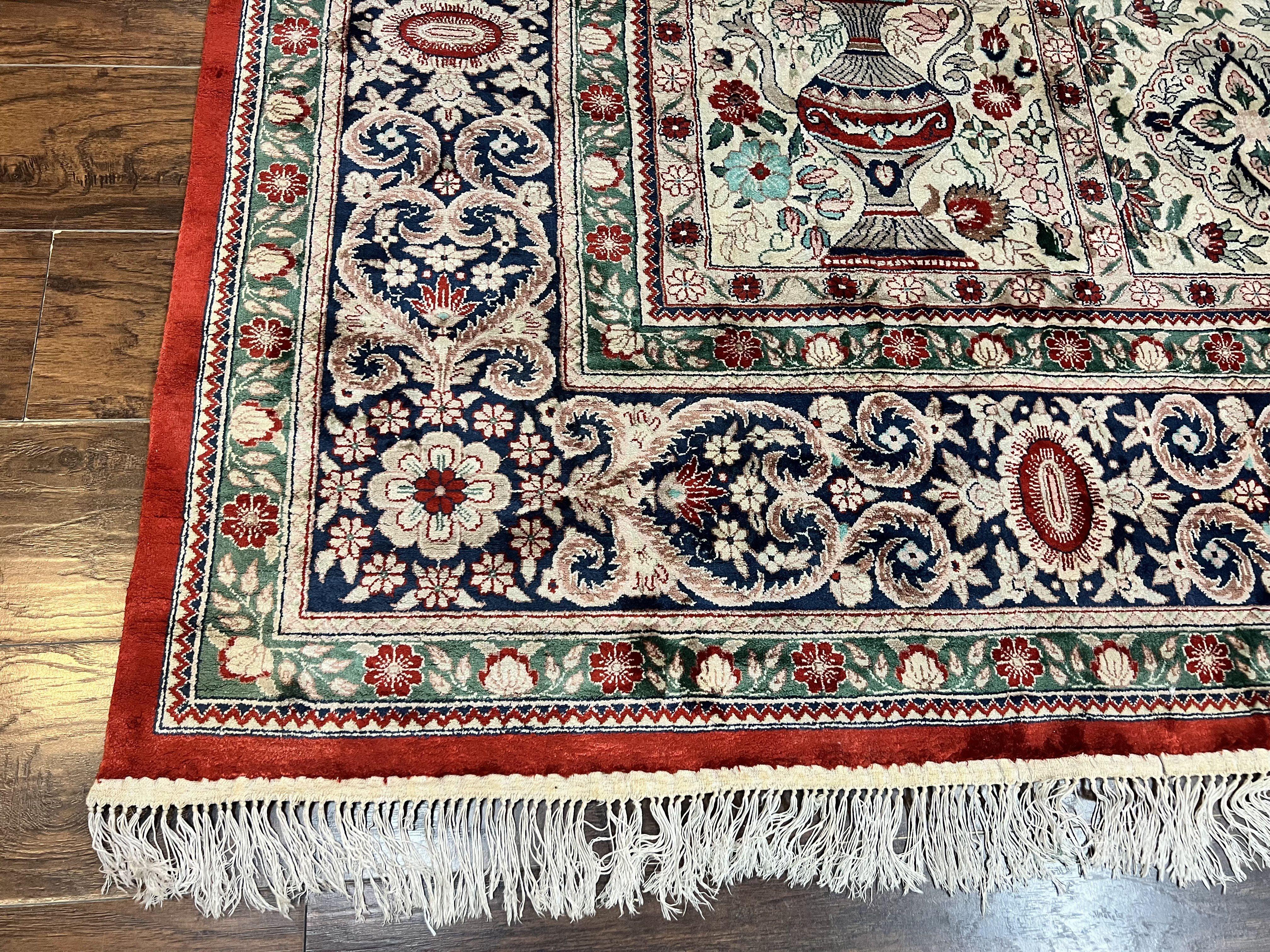 Silk Sino Persian Rug 9x12, Panel Design, Garden of Eden Pattern, Fine 200 KPSI, Hand Knotted Room Sized Silk Carpet, Vintage - Jewel Rugs