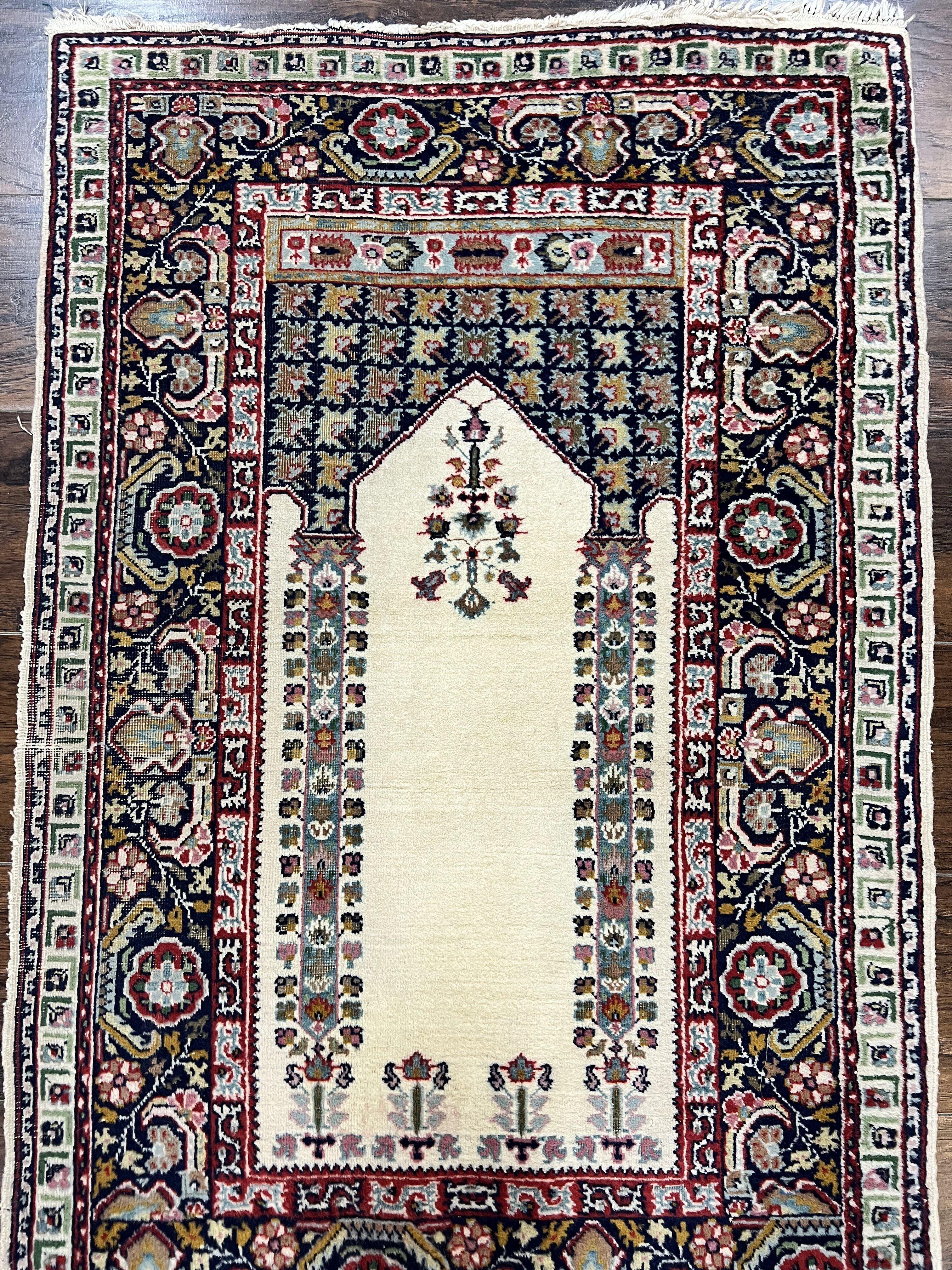 Turkish Prayer Rug 2.5 x 4, Vintage Wool Hand Knotted Carpet, Ivory - Jewel Rugs