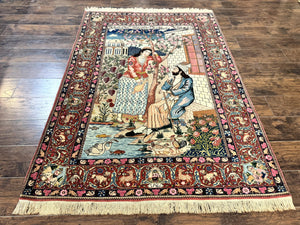 Wonderful Persian Kashan Pictorial Rug 4.7 x 6.5, Persian Rug for Wall Hanging, Handmade Antique Wool Carpet Animal Motifs Poetry Lovers, 240 KPSI