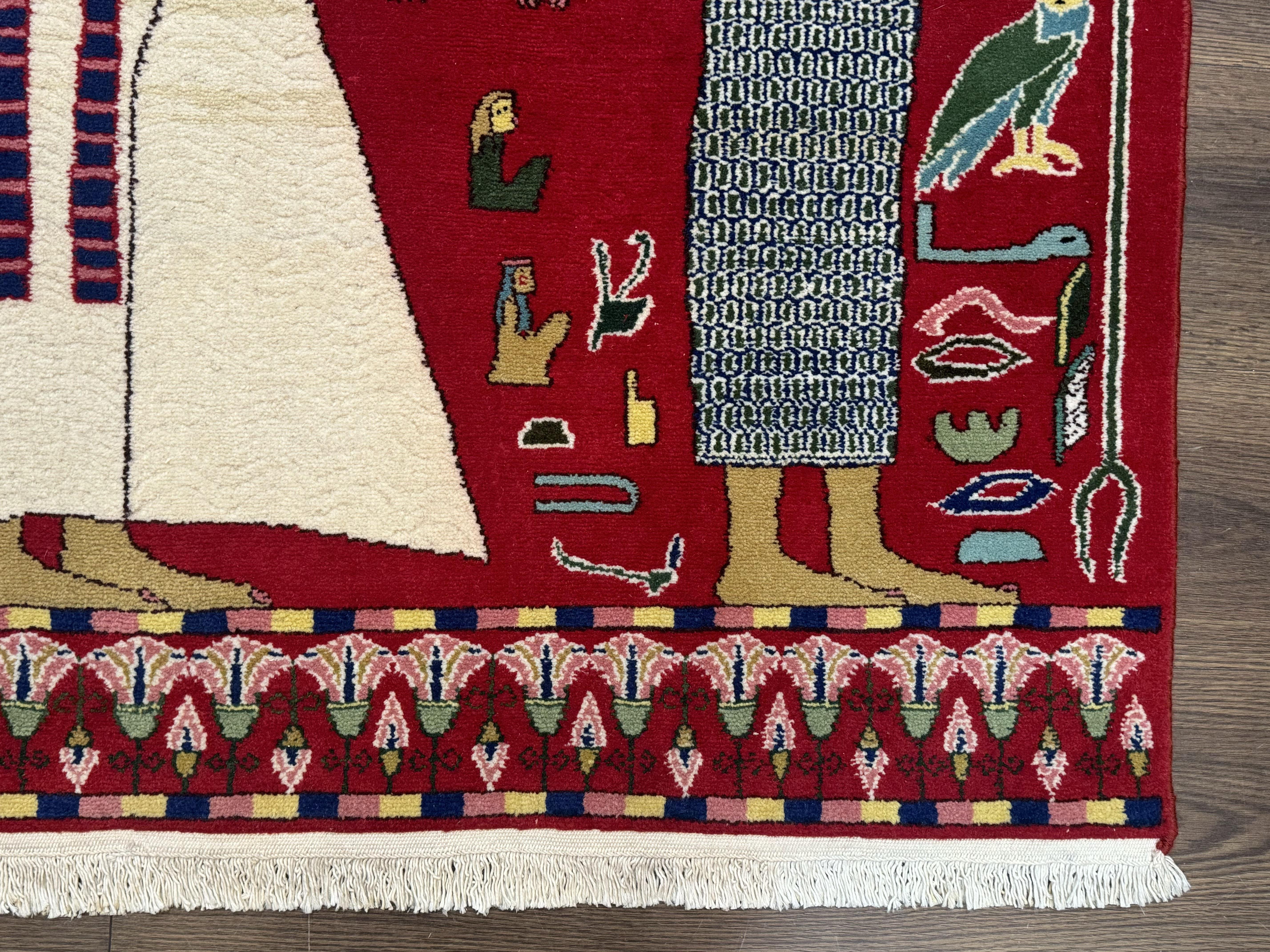 Egyptian Pictorial Rug 3x4, Hieroglyphic Pictorial Rug, Egyptian Prince and Princess, Cleopatra, Vintage Handmade, Red - Jewel Rugs