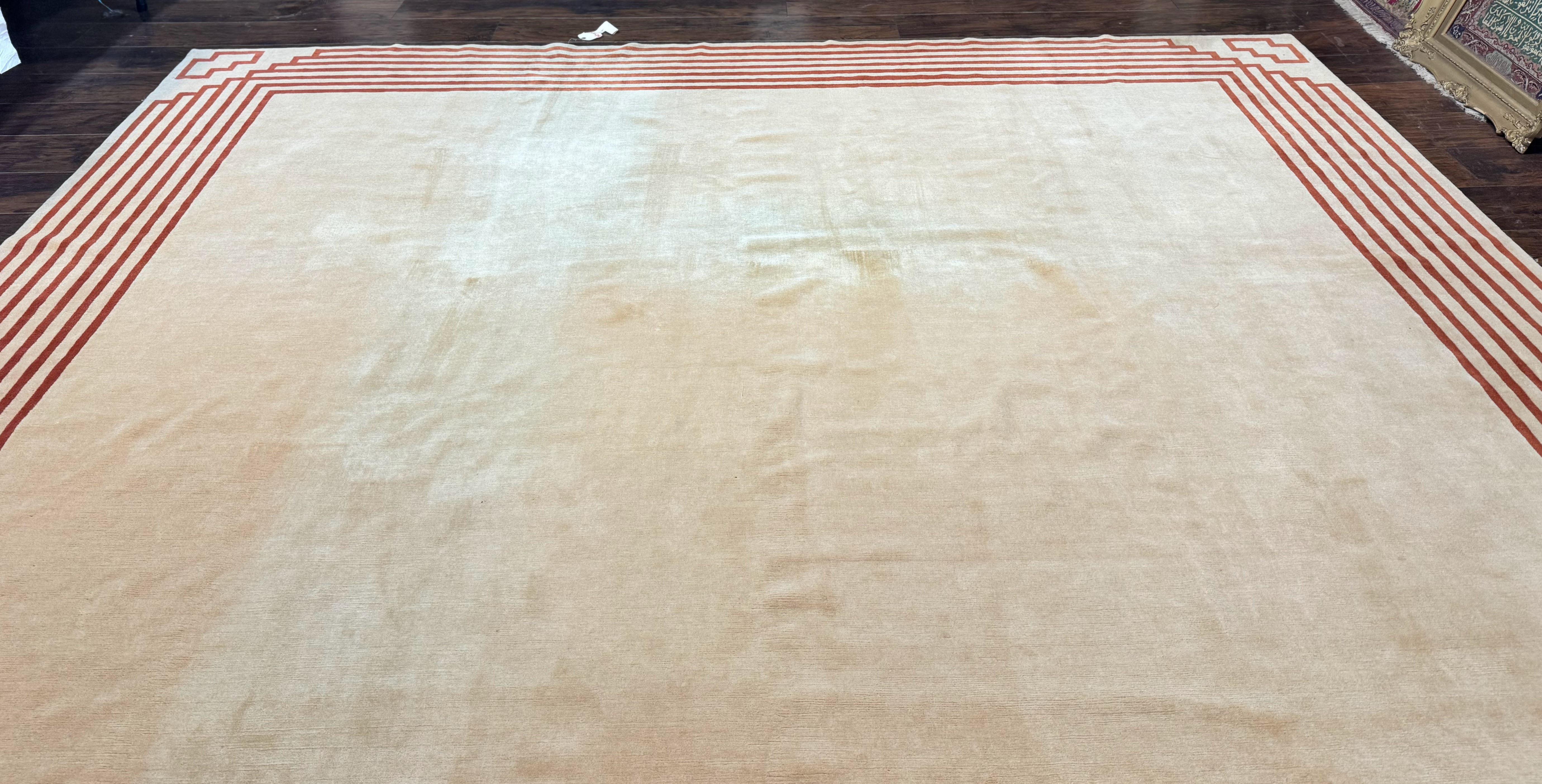 Modern Tibetan Rug 11 x 14.6, Wool and Silk, Simple Design, Handmade Large Area Rug, Cream - Jewel Rugs