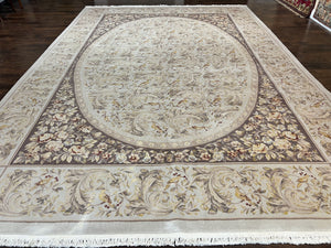 Aubusson Rug 10x14, Wool & Silk Highlights Hand Knotted Vintage Carpet, Birds Flowers, Fine Details, Elegant
