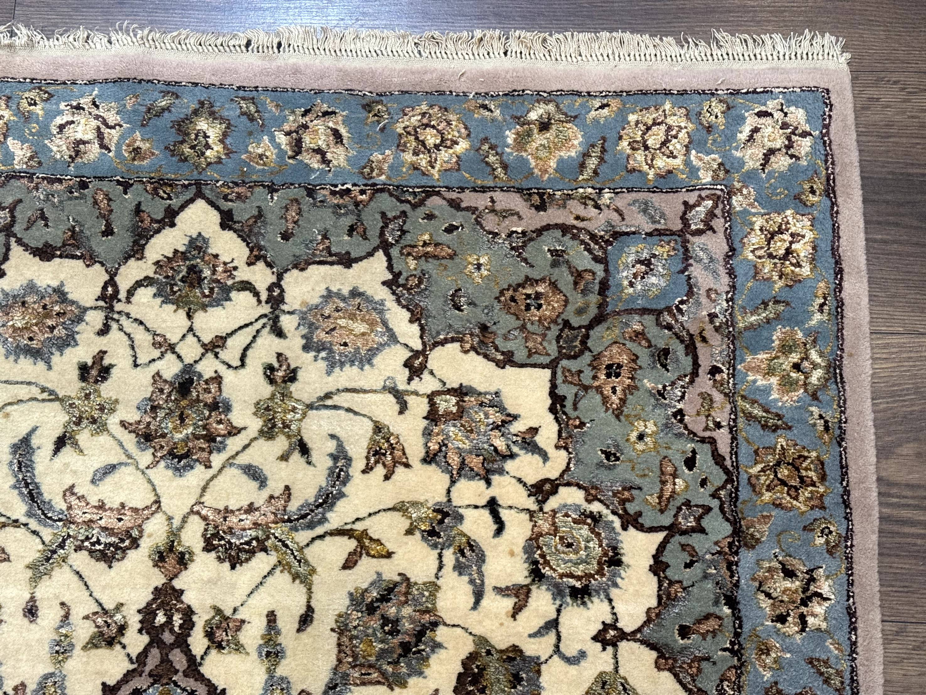 Persian Isfahan Rug 3x5, Fine 310 KPSI, Kork Wool Silk Foundation, Cream & Light Green - Jewel Rugs