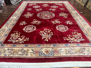 Chinese Wool Rug 10x14, Chinese Carving Rug, Art Deco Carpet, Vintage Asian Oriental Rug, Red and Cream, Floral, Handmade Rug