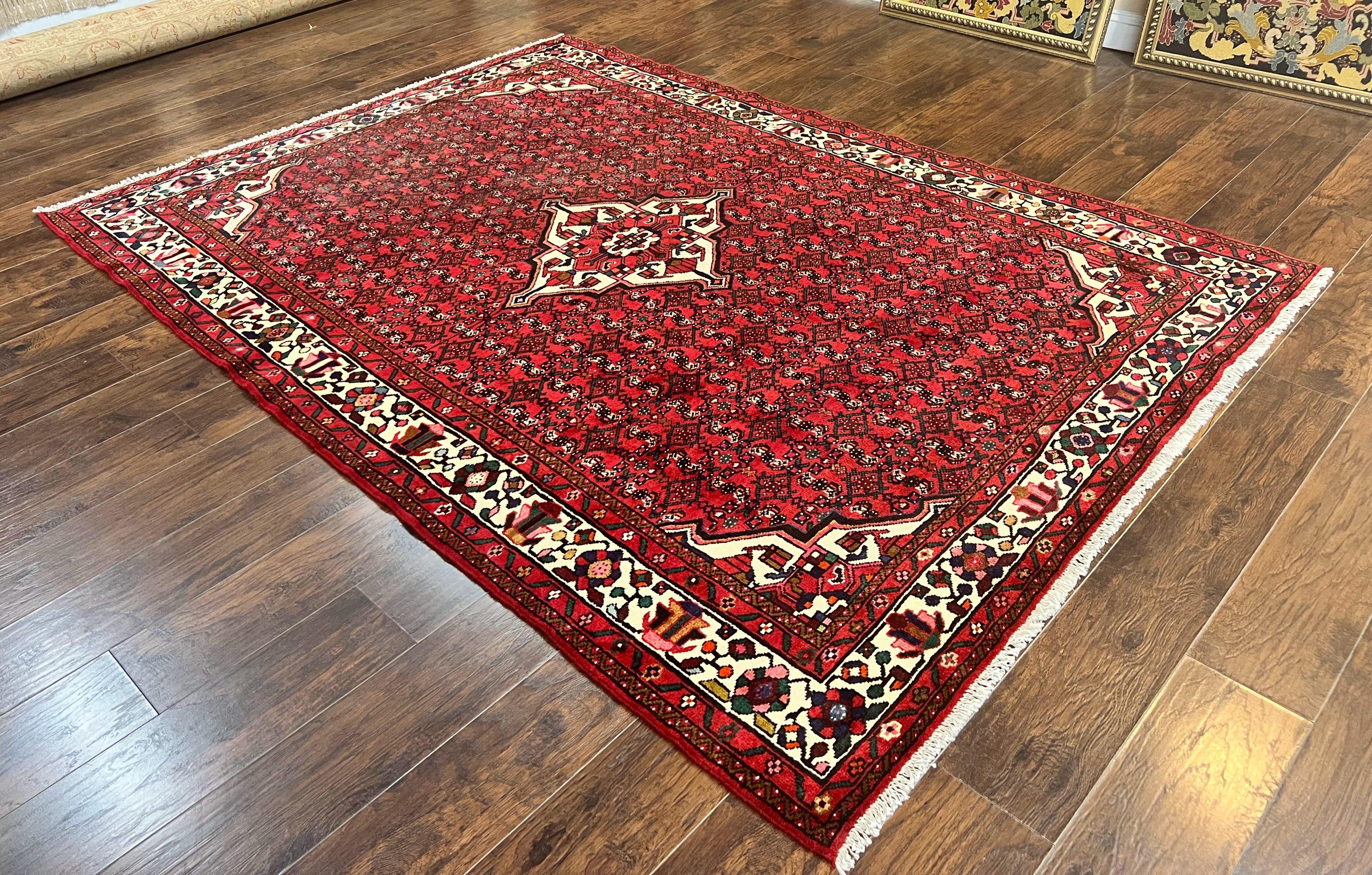 Persian Tribal Rug 7x10, Wool Handmade Semi Antique Vintage Hamadan Dargazine Carpet, Red & Ivory Allover Floral Medallion Rug, 7 x 10 Room Sized Oriental Rug - Jewel Rugs