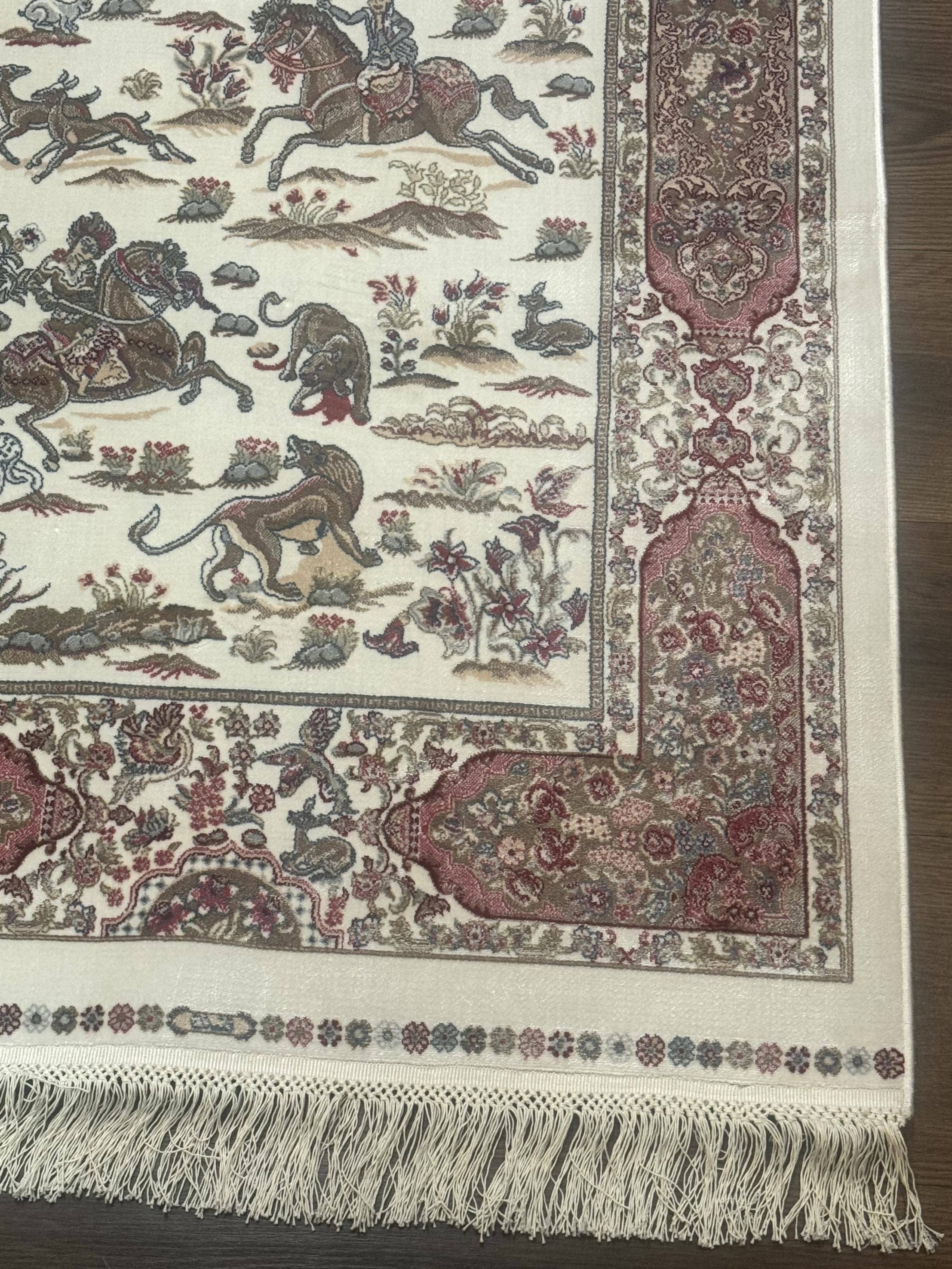 Turkish Silk Runner Rug 2.6 x 8, Hunting Design, Ivory, Bamboo Silk, New - Jewel Rugs