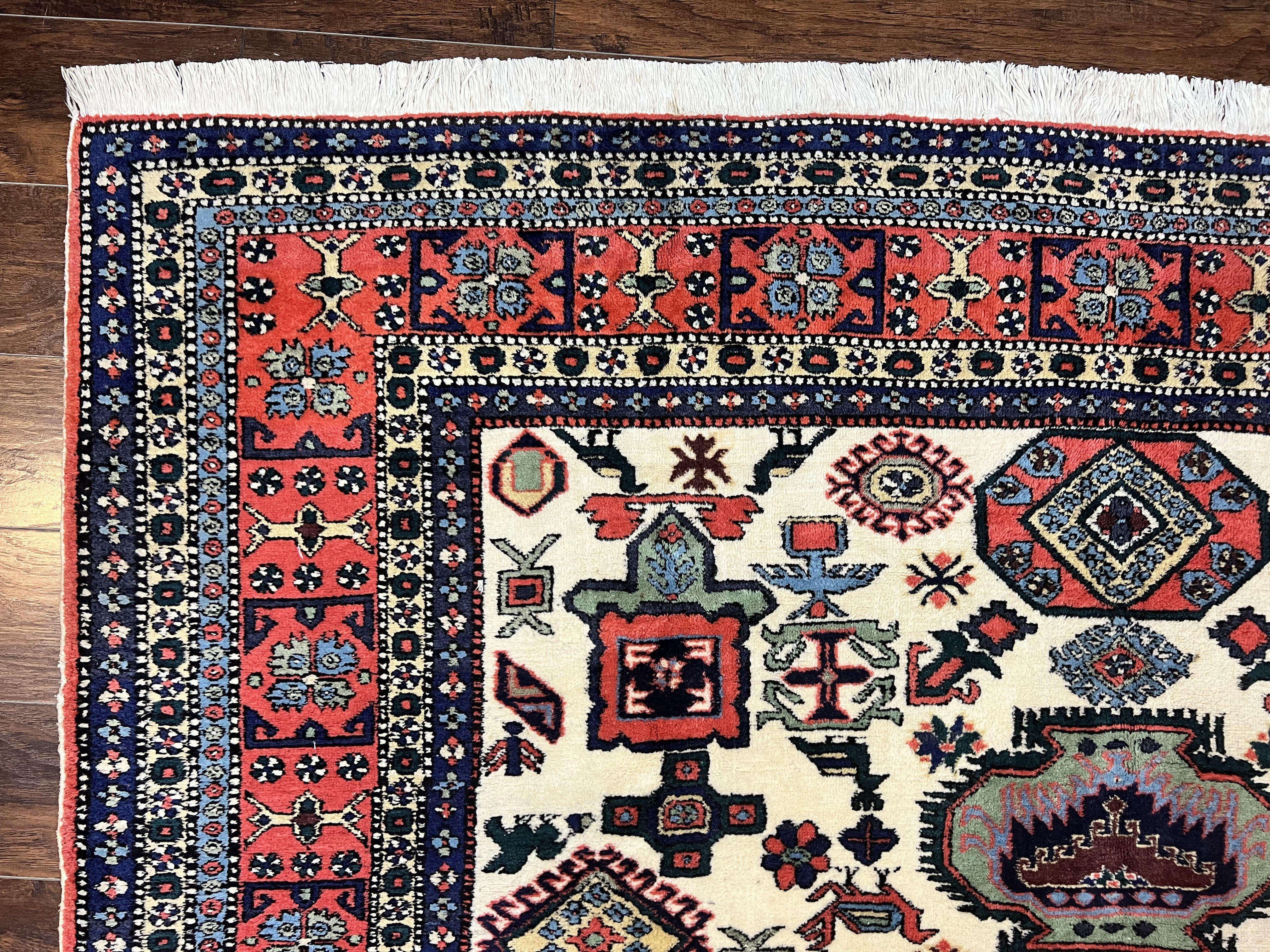 Persian Tribal Rug 8x11, Persian Ardabil Rug, Geometric Medallion Animal Pictorial Rug, Ivory Red Blue, Hand Knotted Vintage Wool Carpet - Jewel Rugs
