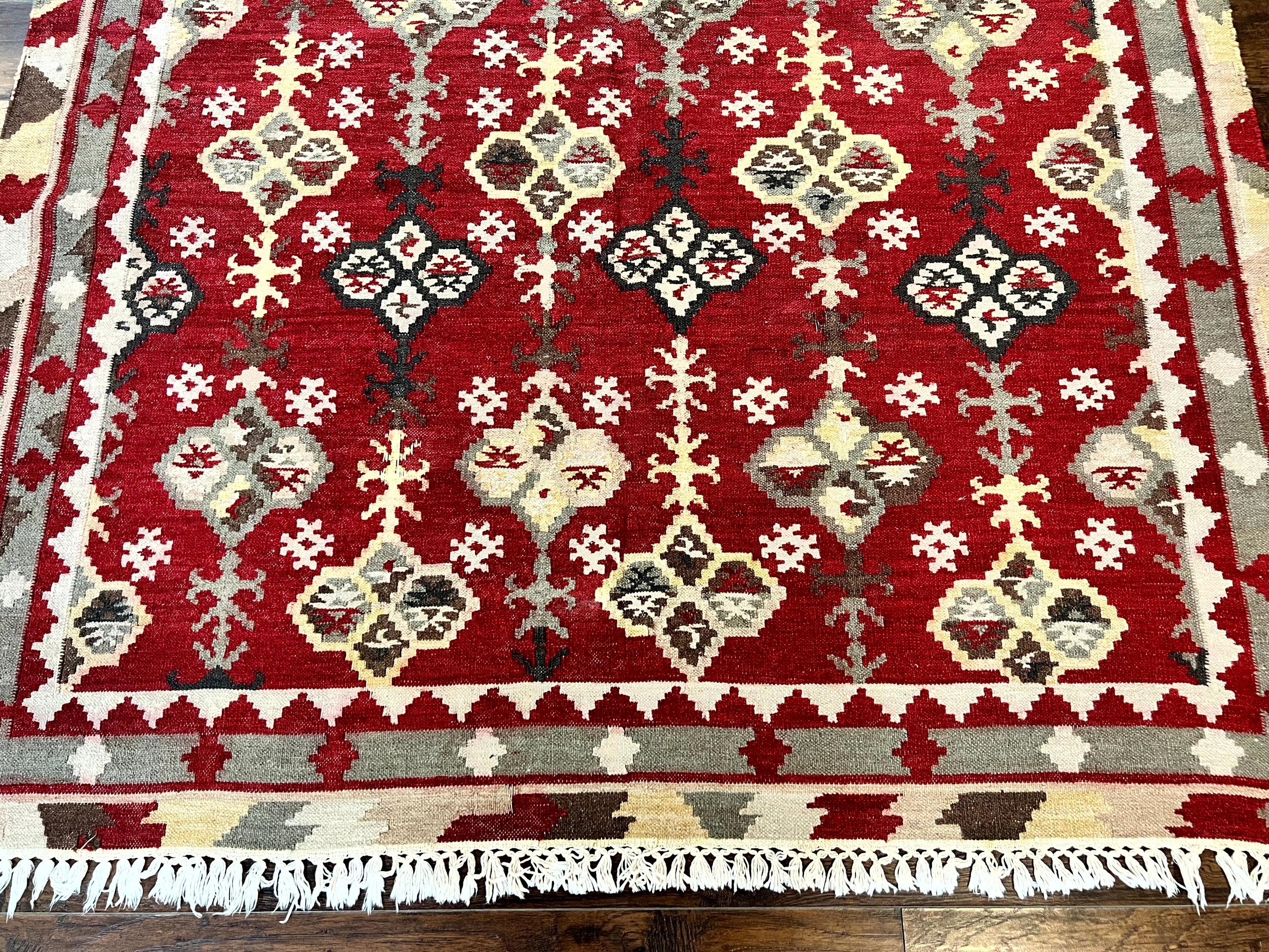 Indian Kilim Rug 6x6, Square Kilim Flatweave Carpet, Vintage Handmade Wool Rug, Red - Jewel Rugs