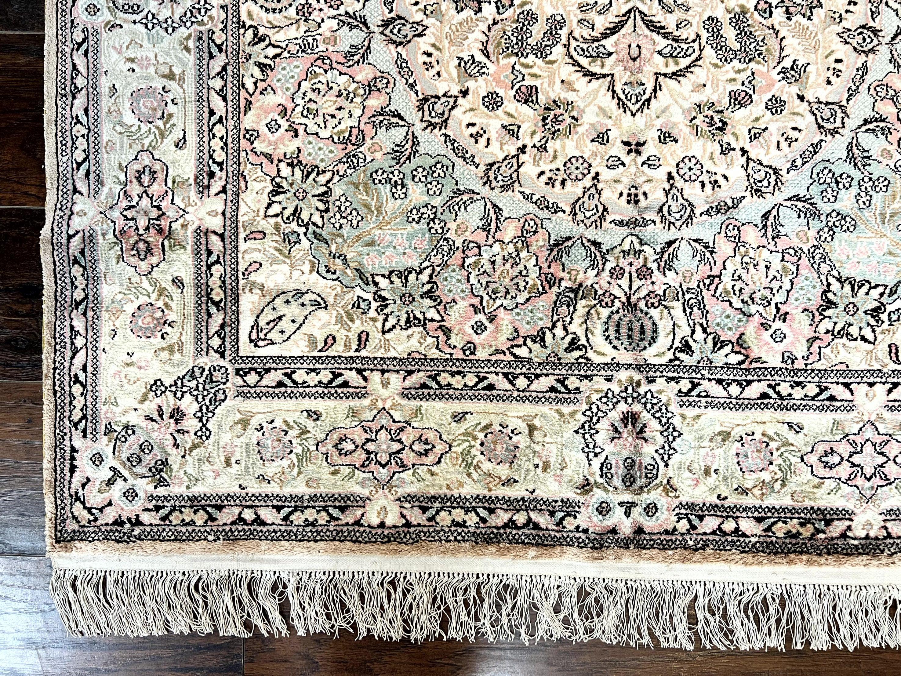 Silk Indian Kashmiri Rug 4x6, Handmade Vintage Silk Carpet, Ivory and Multicolor, Detailed Fine 240 KPSI - Jewel Rugs