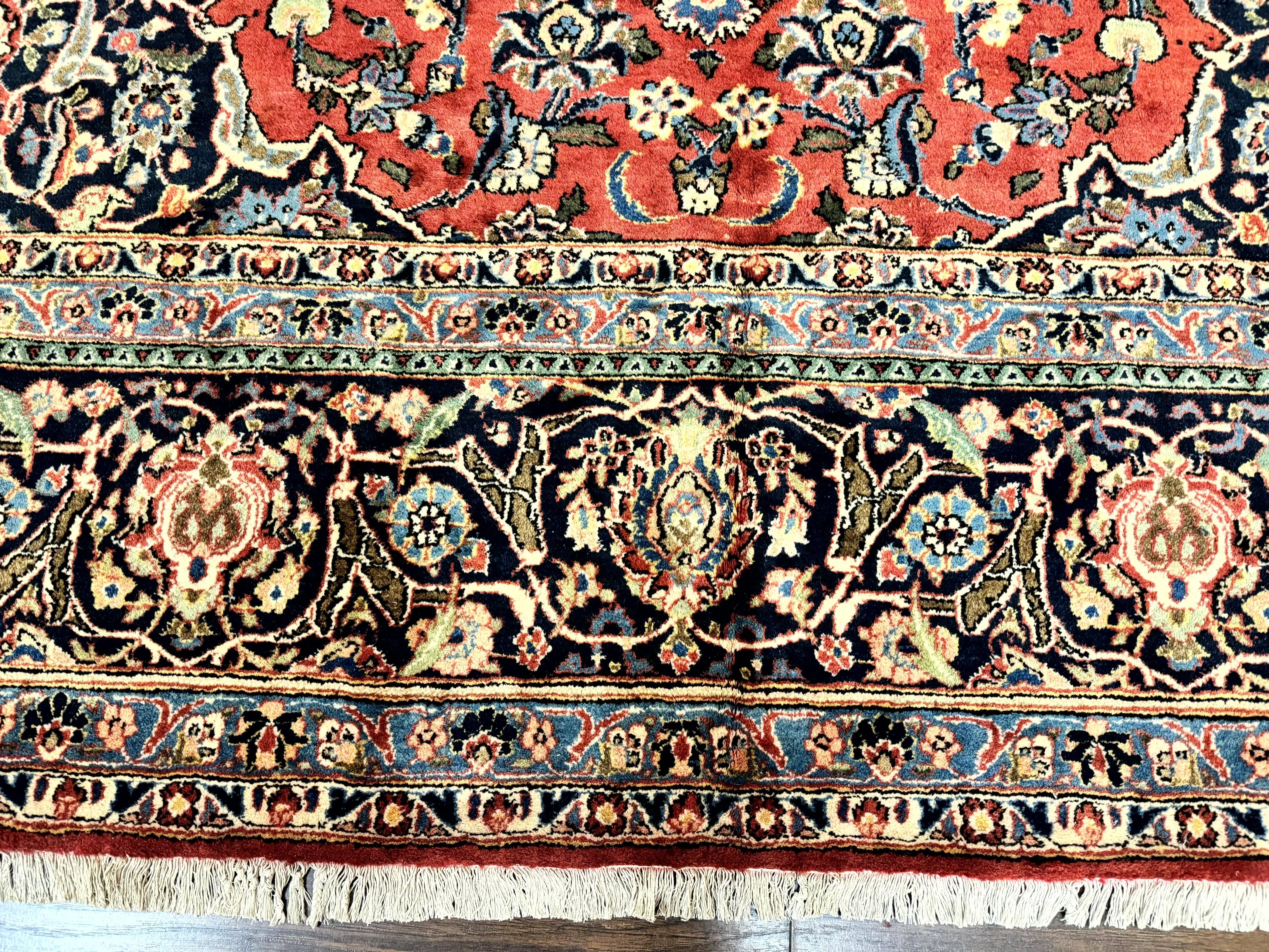 Red Persian Kashan Rug 10x14, Hand-Knotted Semi Antique Floral Medallion Handmade Wool Carpet, Red & Navy Blue - Jewel Rugs