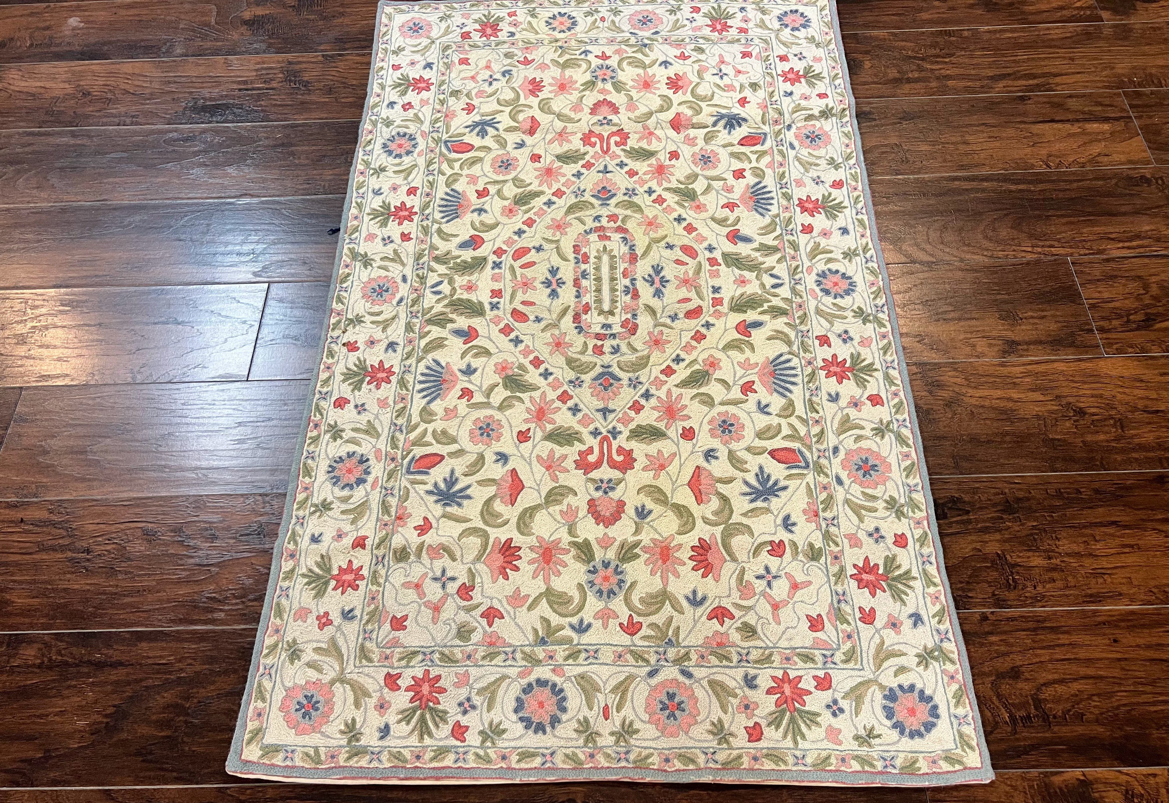 Hand Stitched Indian Rug 4x5, Floral, Vintage Hand Embroidered Rug - Jewel Rugs
