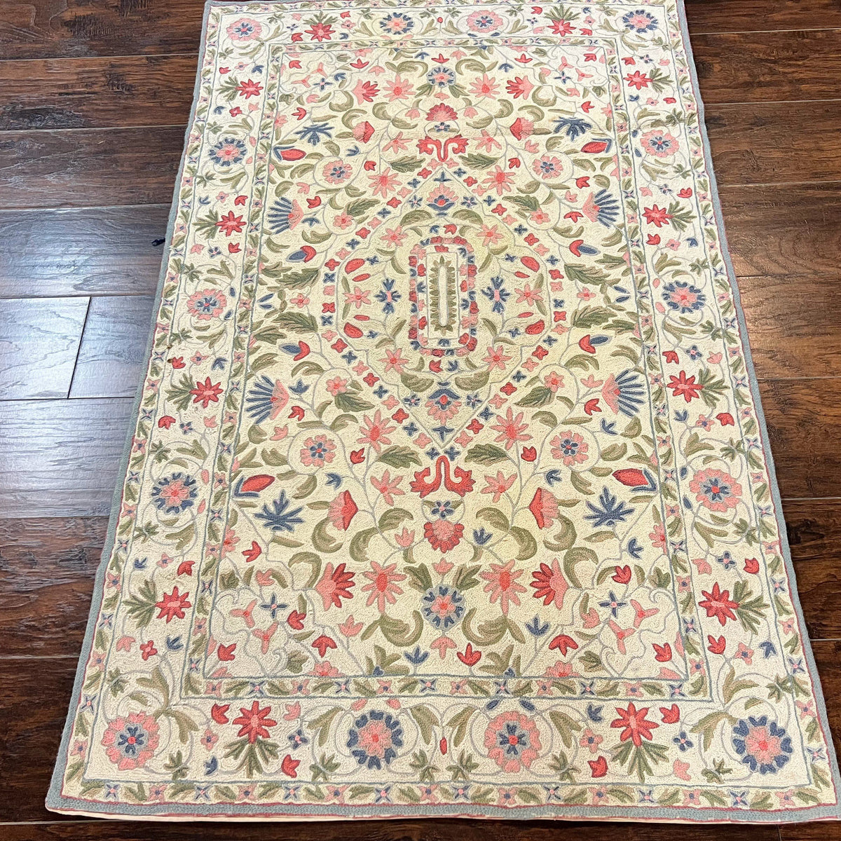 Hand Stitched Indian Rug 4x5, Floral, Vintage Hand Embroidered Rug ...