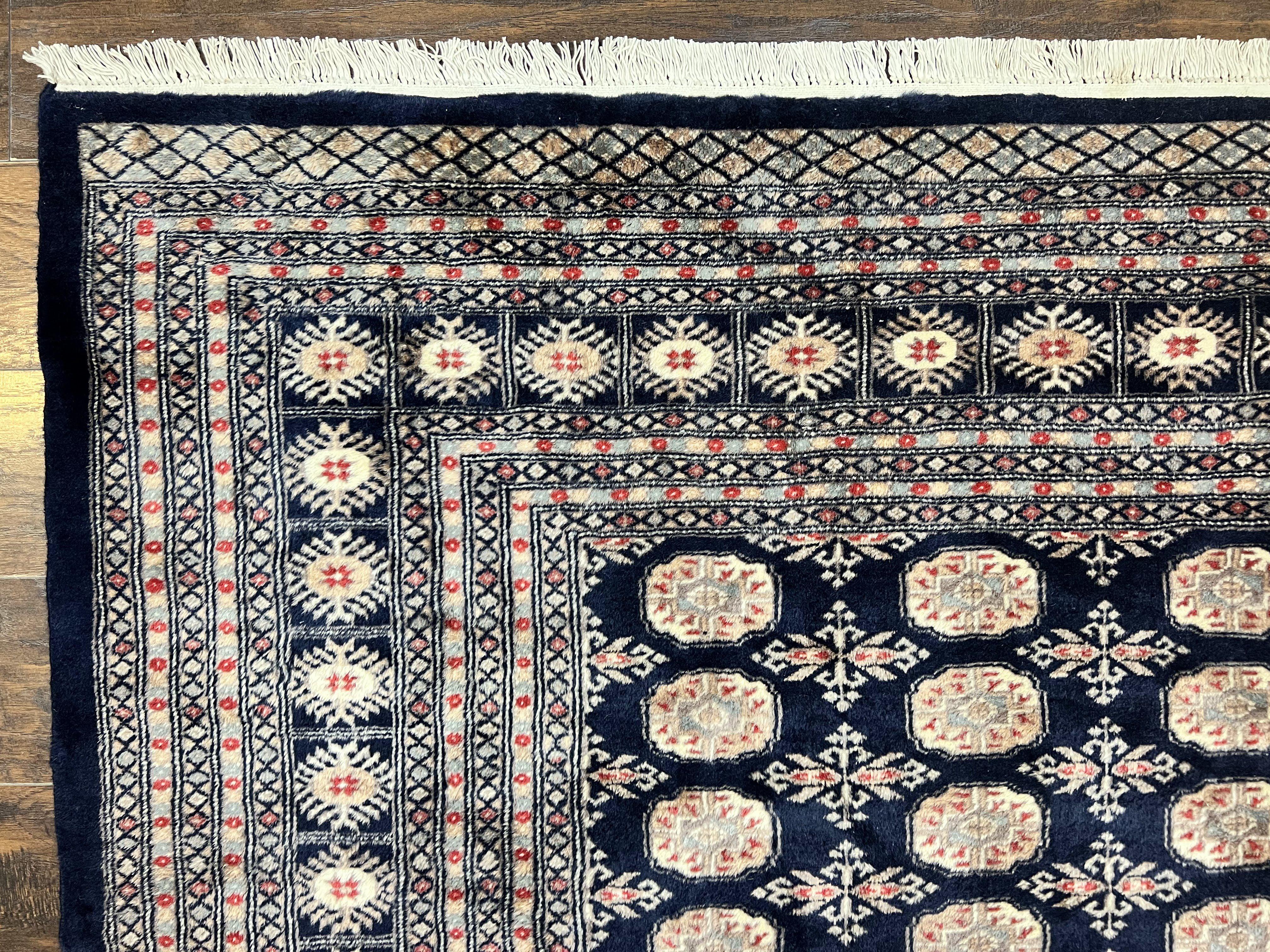 Pakistani Bokhara Rug 8x10, Turkoman Carpet, Dark Blue and Beige, Vintage Handmade Wool Carpet - Jewel Rugs
