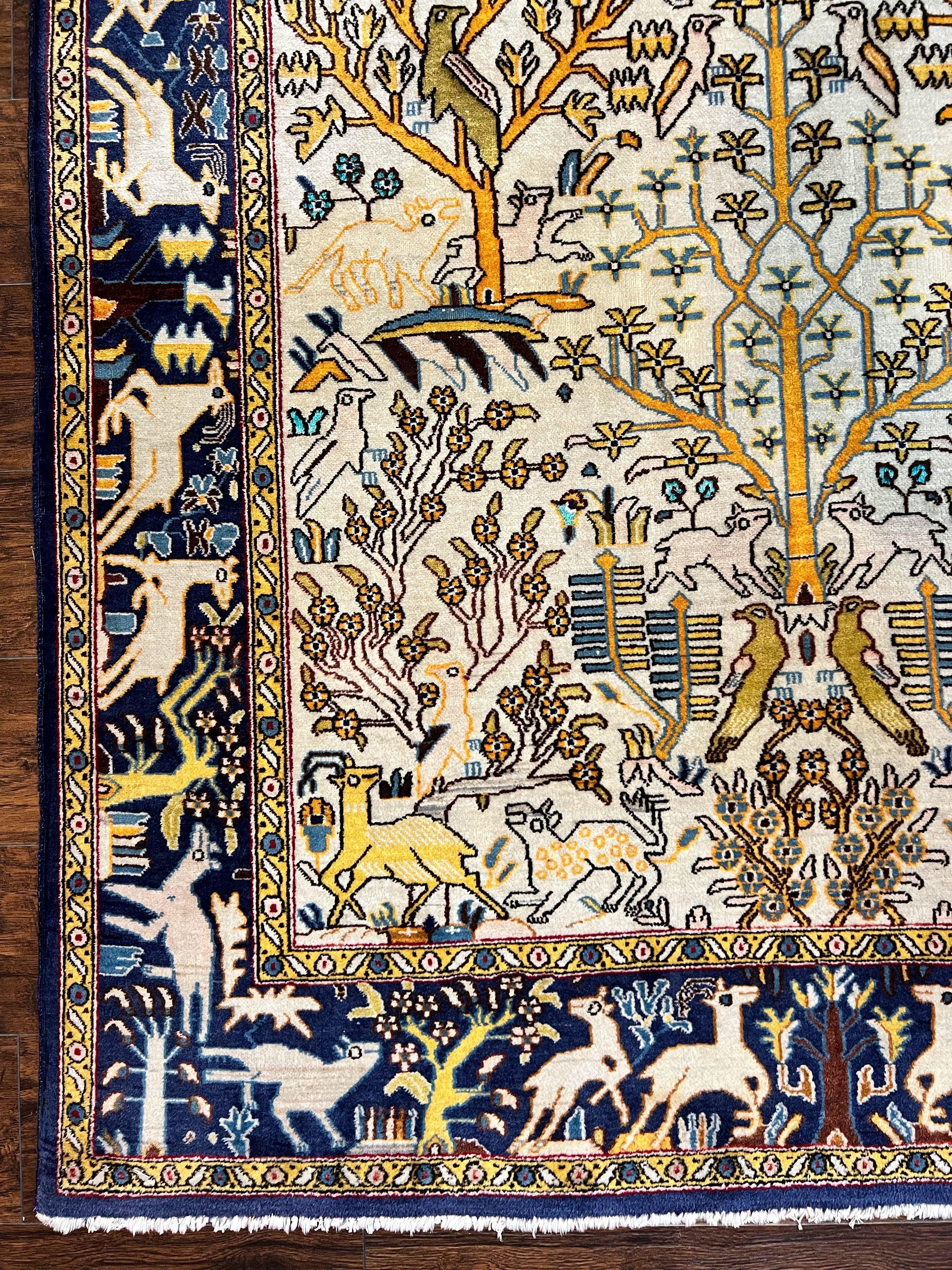 Persian Tree of Life Rug 5x9, Qum Rug, Animal Motifs Deer Birds, Cream and Navy Blue, Semi Antique Vintage Handmade Carpet, Wool & Silk Highlights - Jewel Rugs