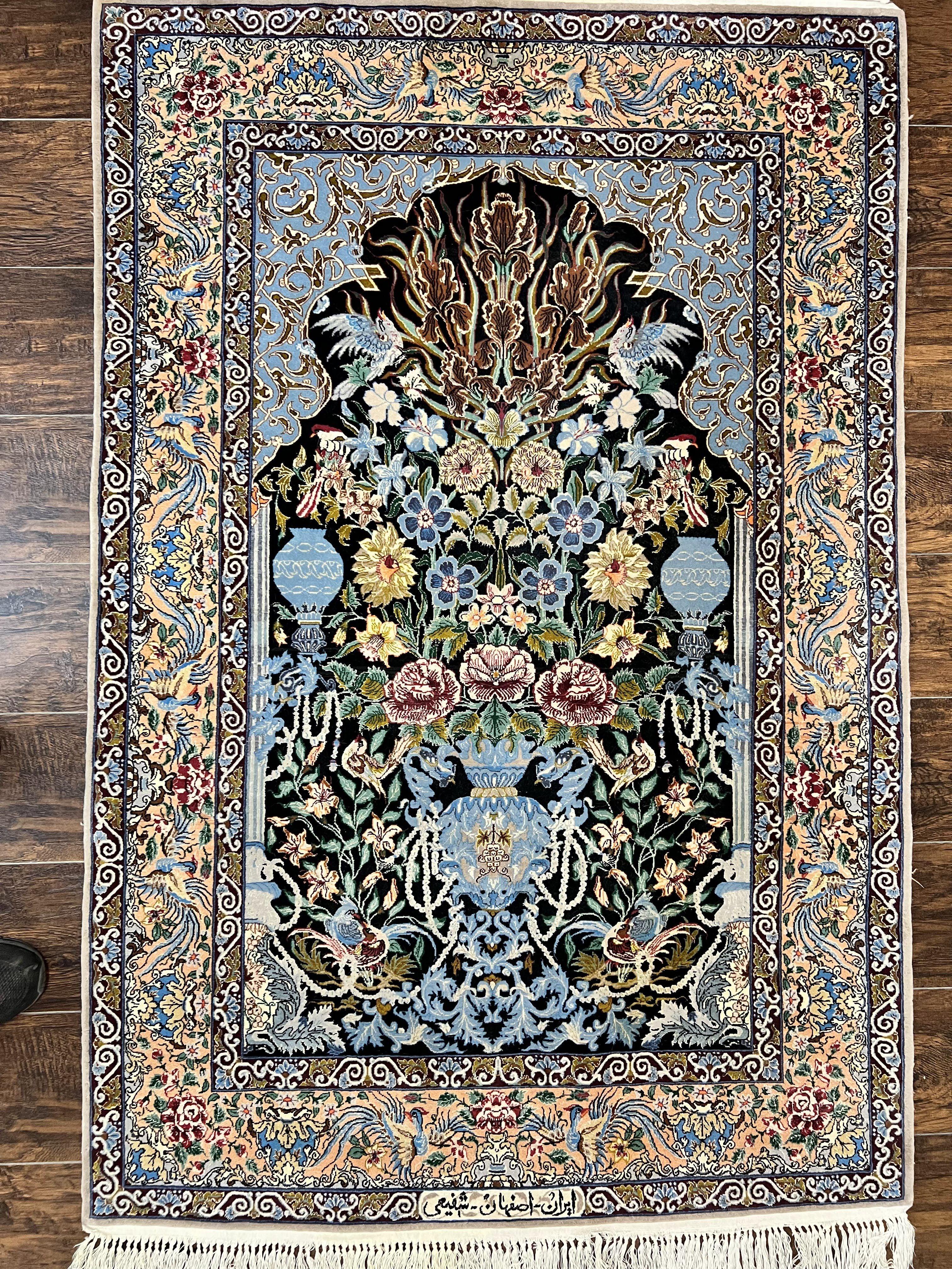 Wonderful Persian Isfahan Rug 3.7 x 5, Kork Wool on Silk Foundation, Very Fine 460 KPSI, Tree of Life Persian Vase Design Animal Pictorials Peacocks - Jewel Rugs