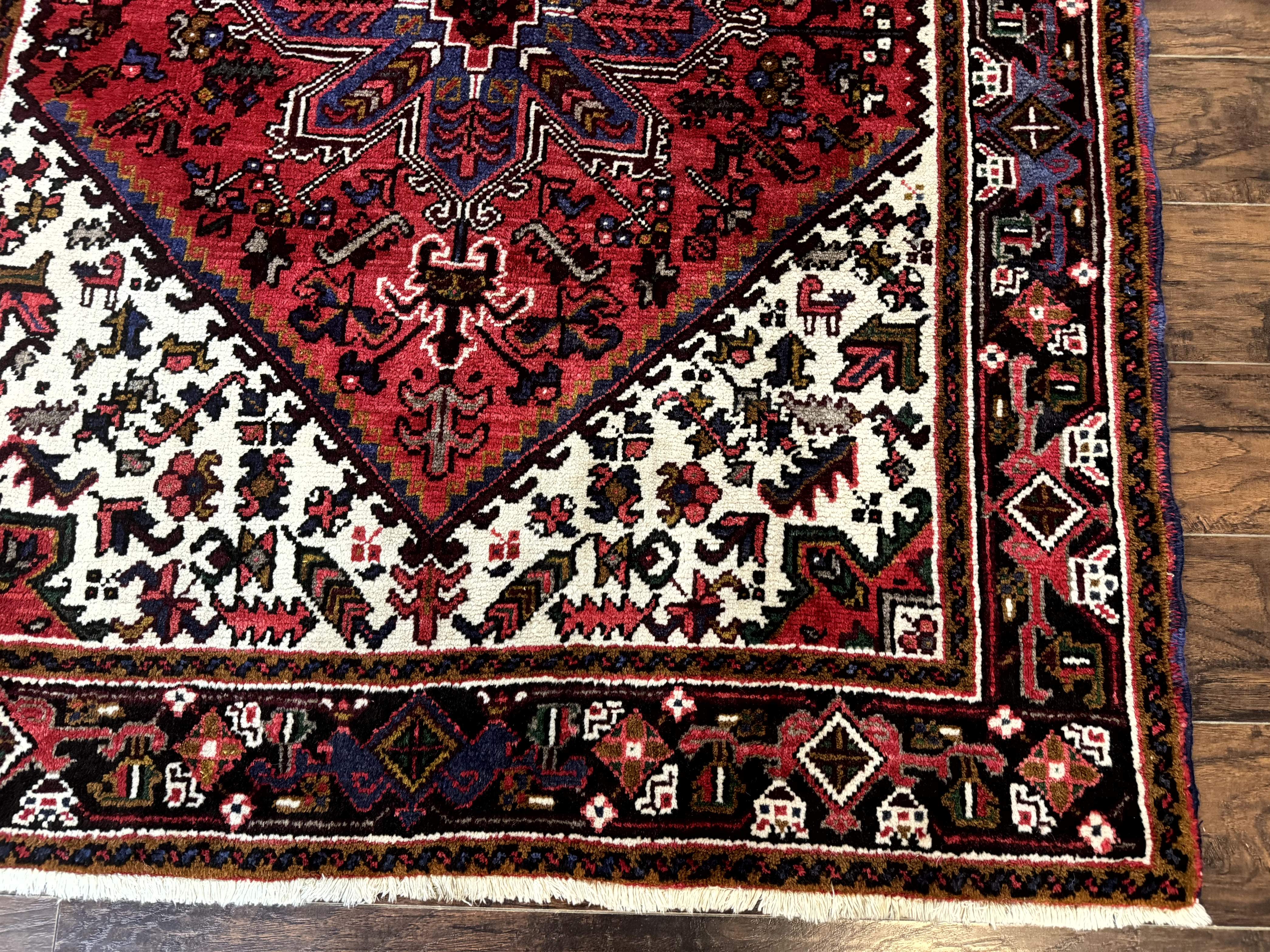 Persian Heriz Rug 5x6 – Red and Ivory, Hand-Knotted Wool, Vintage Geometric Carpet - Jewel Rugs