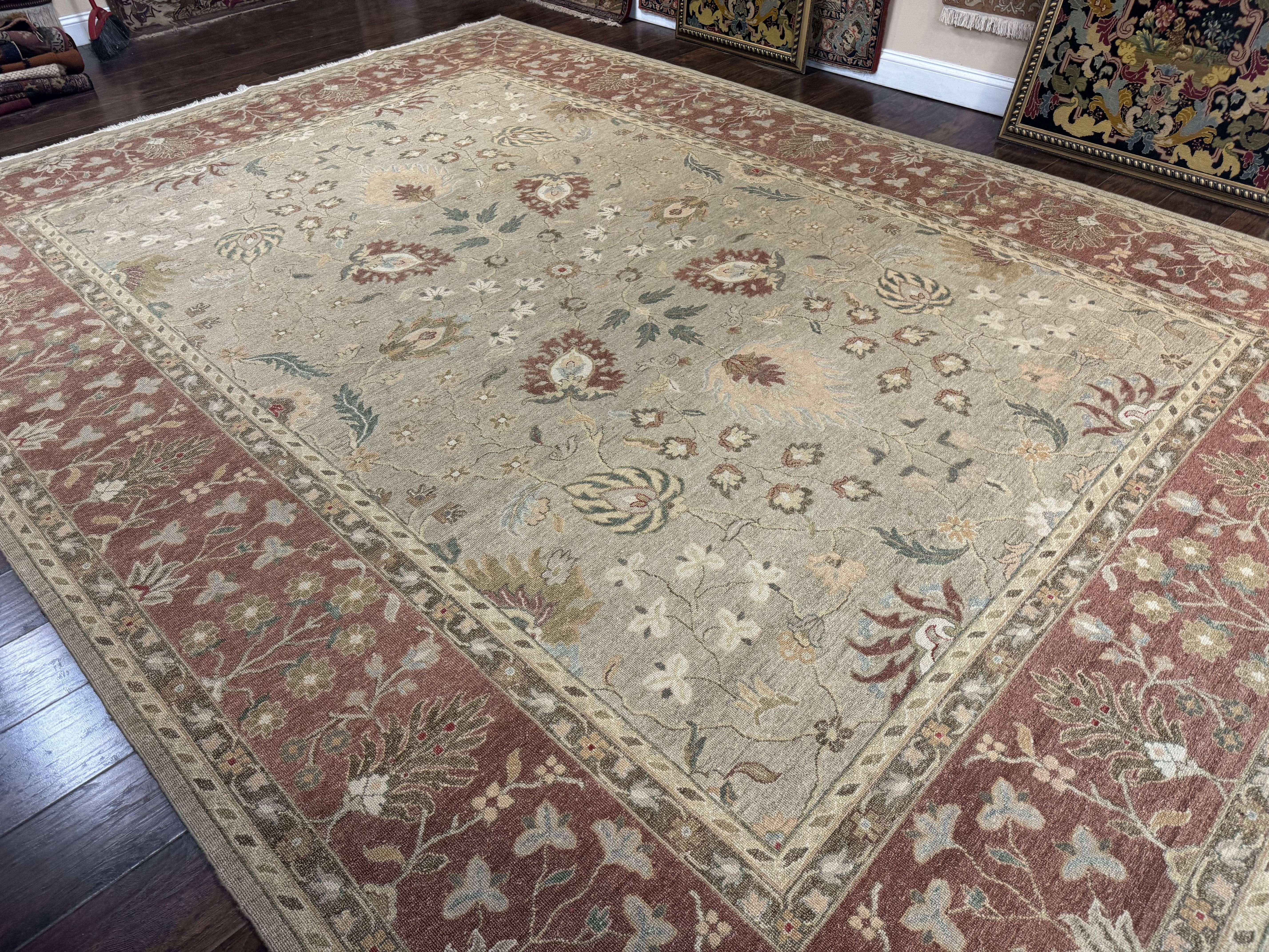 Large Turkish Soumak Rug 10x14, Flatweave Dhurrie, Handmade, Light Green and Salmon - Jewel Rugs