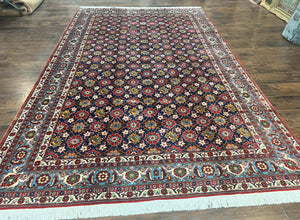 Persian Veramin Rug 7x11, Repeated Allover Pattern, Handmade Vintage Carpet, Navy Blue