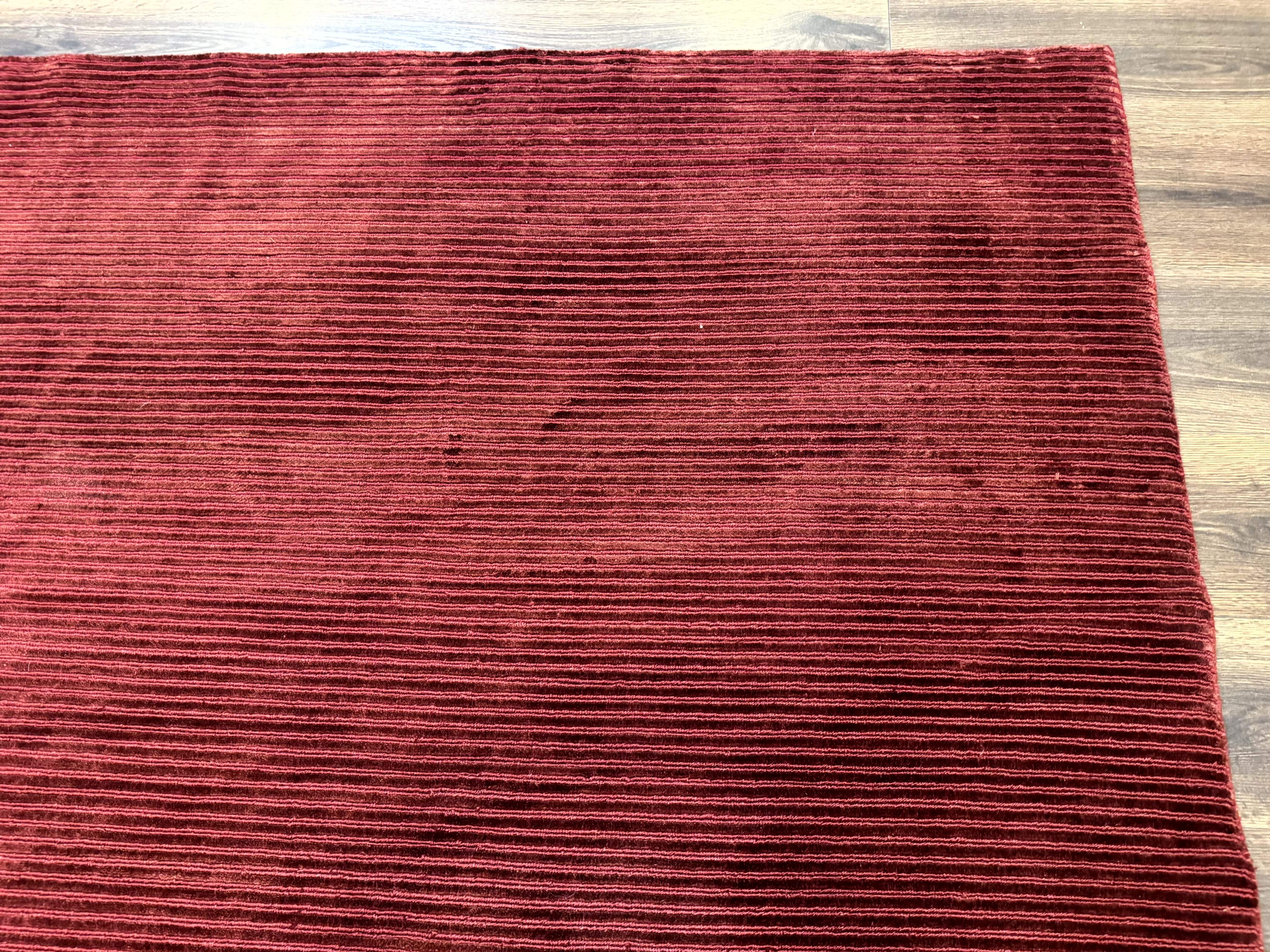 Modern Tibetan Rug 8x10, Red, Stripes, Handmade Wool Thick Pile Carpet - Jewel Rugs