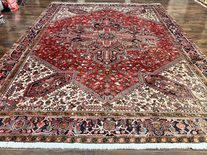 Large Persian Heriz Rug 10x13, Wool Hand Knotted Antique Carpet, Red and Ivory, Geometric Tribal Room Sized Rug, Decorative Oriental Rug