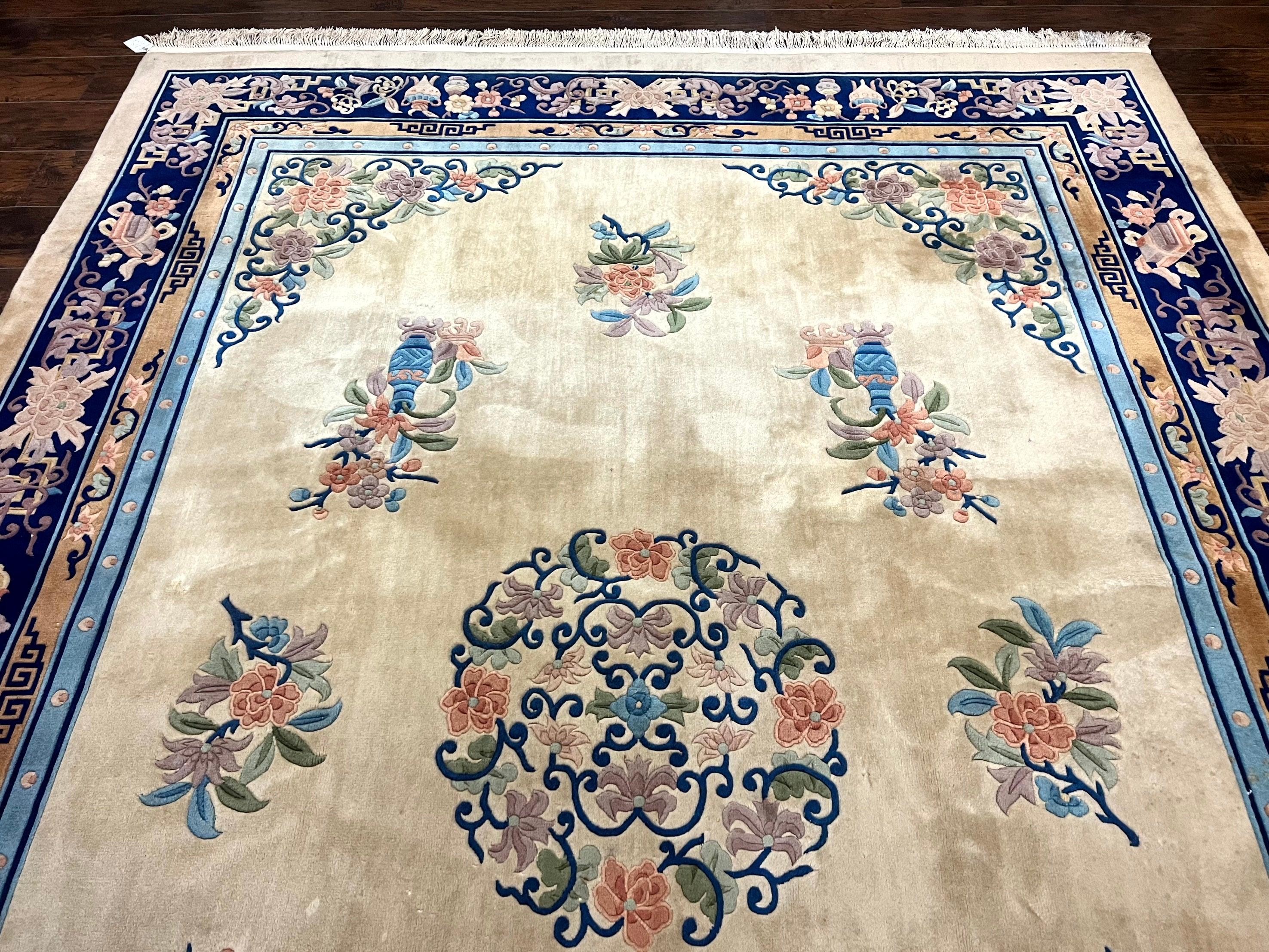 Chinese Wool Rug 8x11, Peking Asian Oriental Carpet, Cream/Ivory and Blue, Vintage Handmade Rug, Art Deco Rug - Jewel Rugs