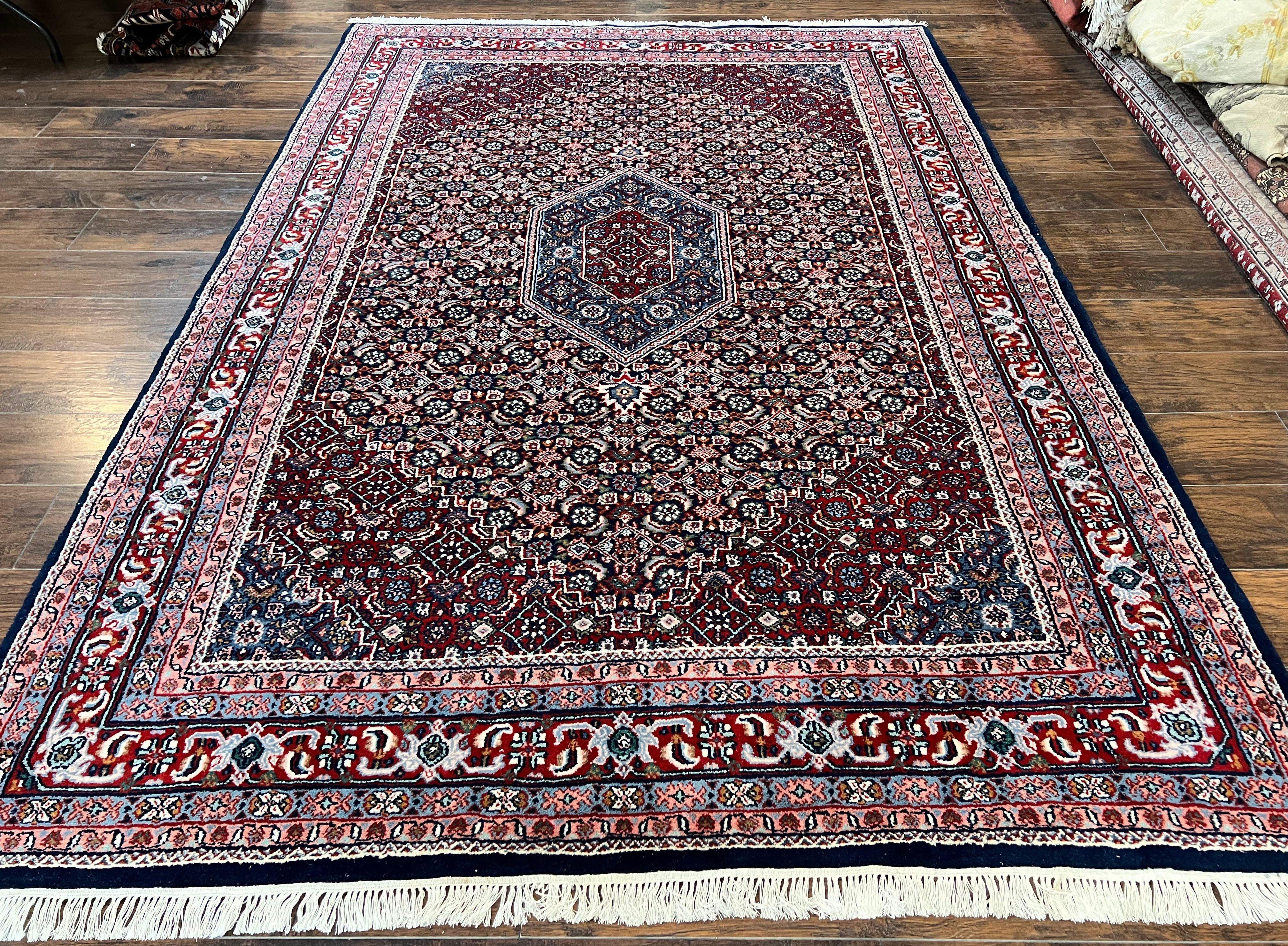 Indo Persian Rug 7x10, Dark Blue and Red Hand Knotted Wool Vintage Oriental Carpet 7 x 10 ft, Handmade Bidjar Rug, Herati Pattern Indian Rug - Jewel Rugs