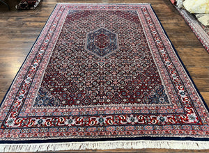 Indo Persian Rug 7x10, Dark Blue and Red Hand Knotted Wool Vintage Oriental Carpet 7 x 10 ft, Handmade Bidjar Rug, Herati Pattern Indian Rug