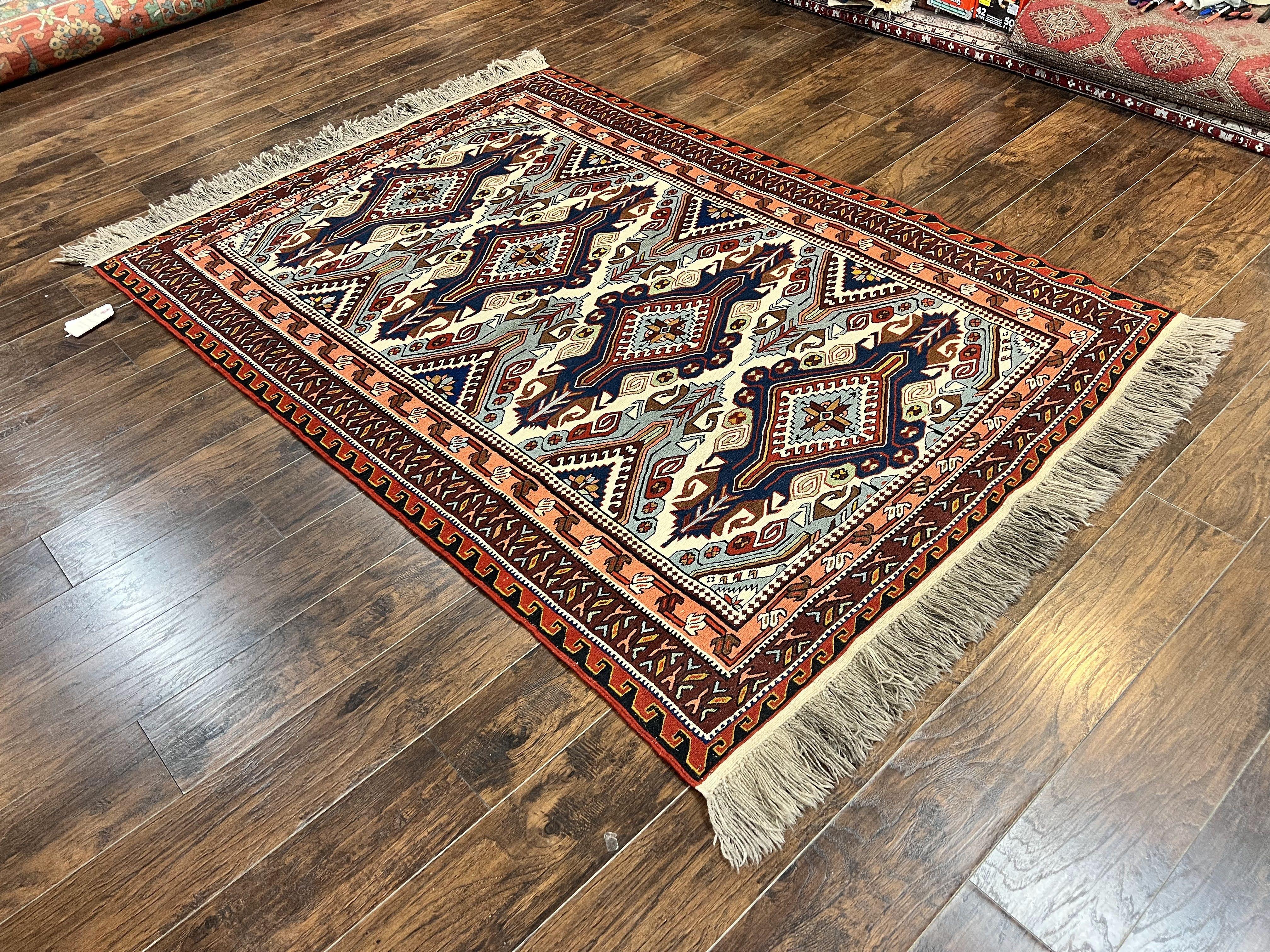 Russian Soumak Rug 6x8, Wool Handmade Antique Kilim Carpet, Multicolor 6 x 8 Geometric Medallions Caucasian Rug, Medium Size - Jewel Rugs