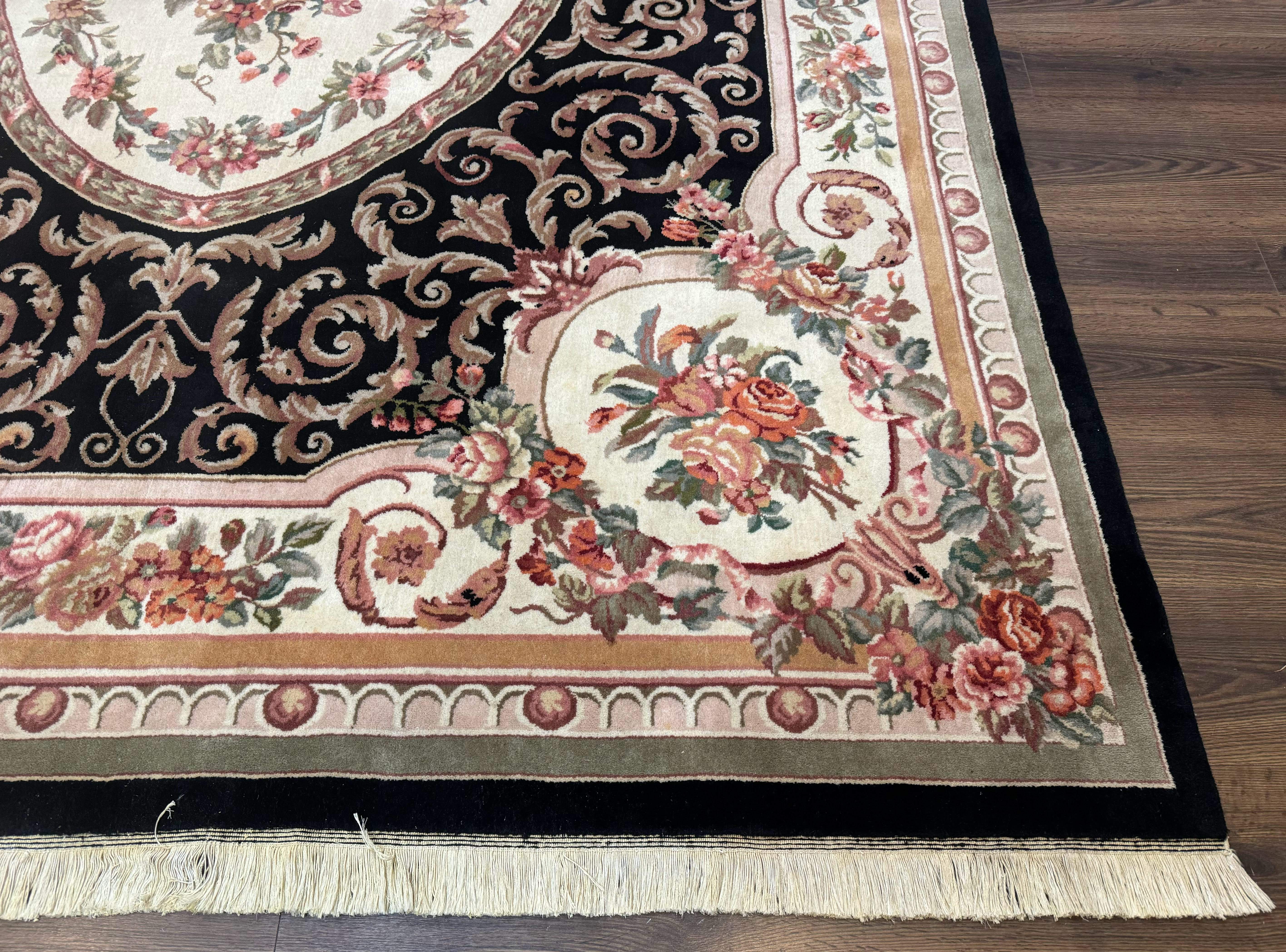 Aubusson Rug 8x10 – Black and Ivory, Hand-Knotted Wool, Vintage Carpet - Jewel Rugs